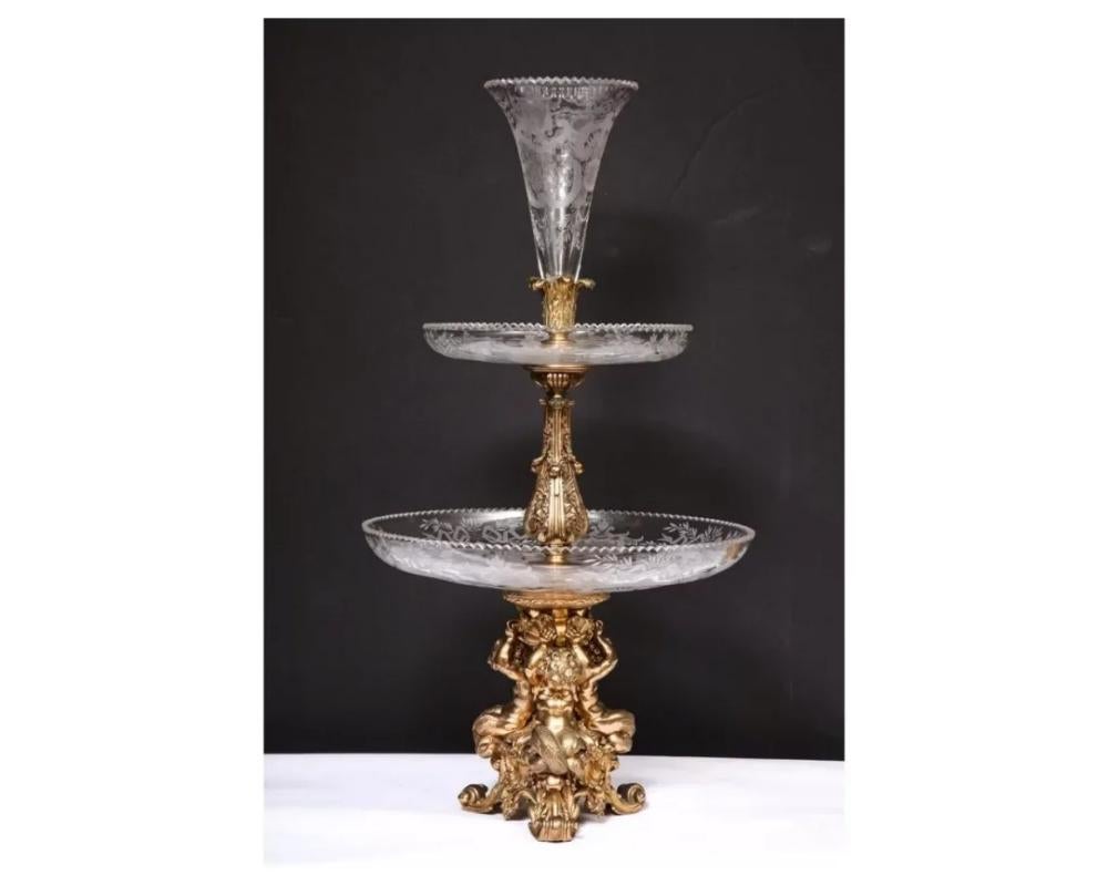 Large French Silvered Bronze and Cut Crystal Allegorical Three-Tier Centerpiece In Good Condition For Sale In New York, NY