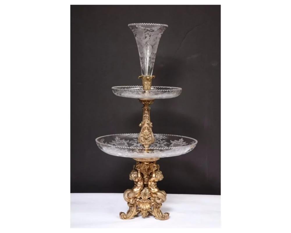 19th Century Large French Silvered Bronze and Cut Crystal Allegorical Three-Tier Centerpiece For Sale