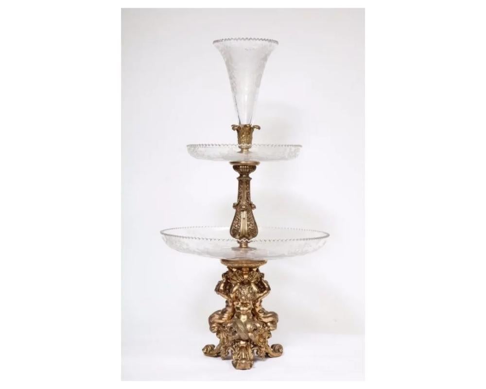 Large French Silvered Bronze and Cut Crystal Allegorical Three-Tier Centerpiece For Sale 4