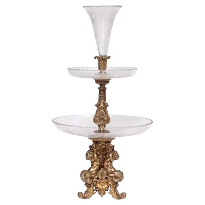 Large French Silvered Bronze and Cut Crystal Allegorical Three-Tier Centerpiece For Sale