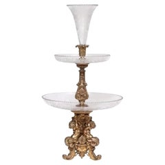Large French Silvered Bronze and Cut Crystal Allegorical Three-Tier Centerpiece