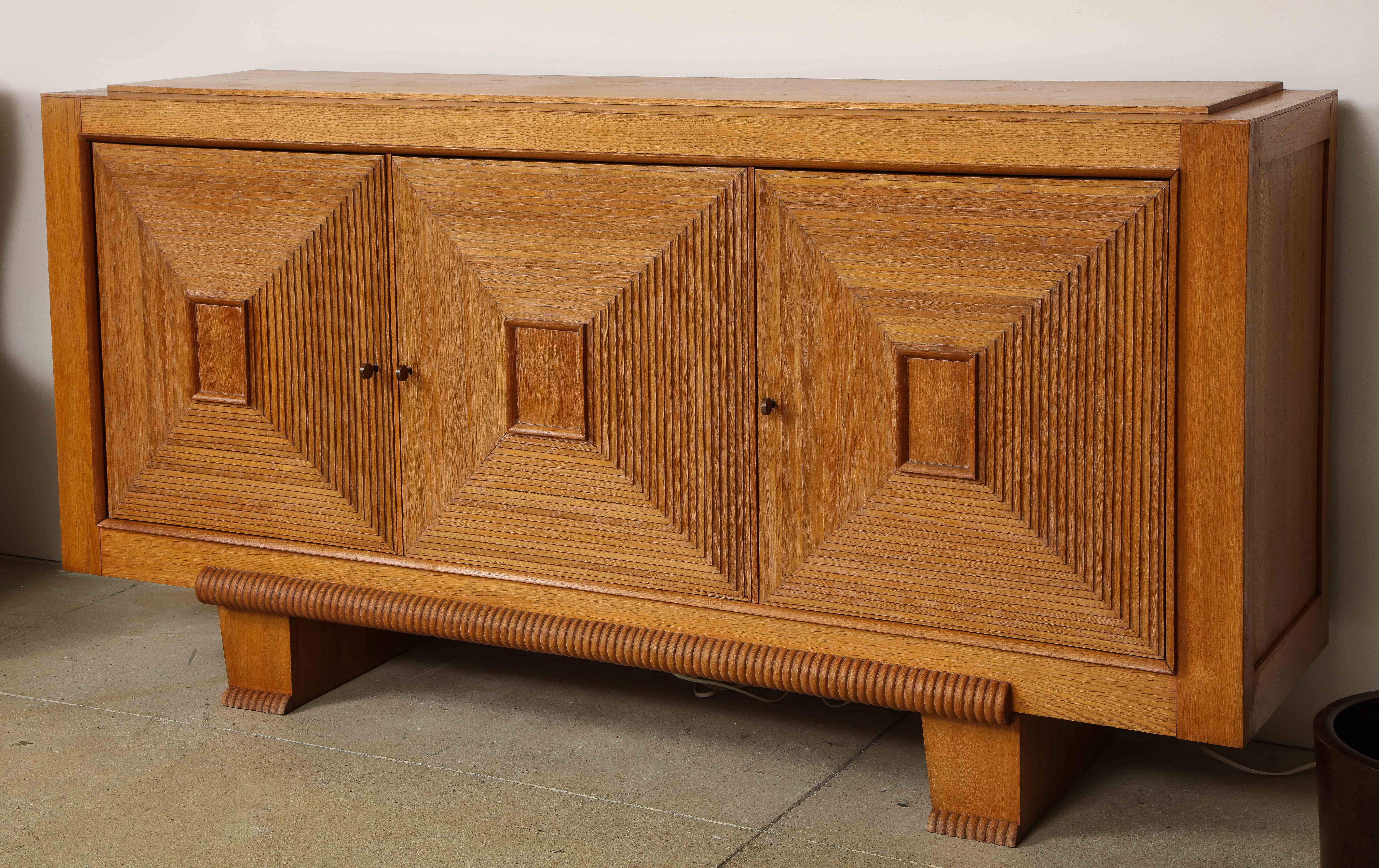 Large French solid oak sideboard with square reduction design, France, circa 1940.