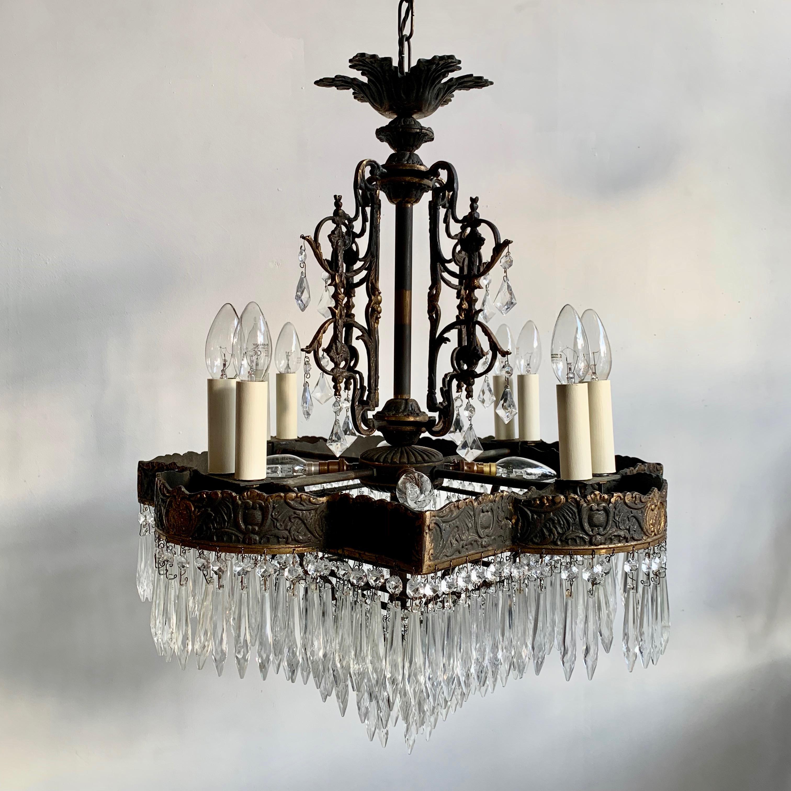 Early 20th Century Large French Square French Tiered Waterfall Chandelier with Glass Icicle Drops