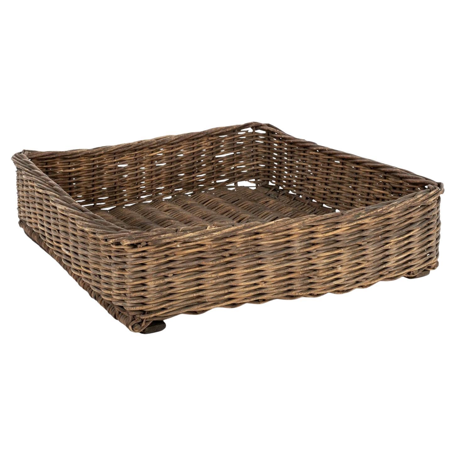 Large French Wicker square top basket with metal buckles at 1stDibs