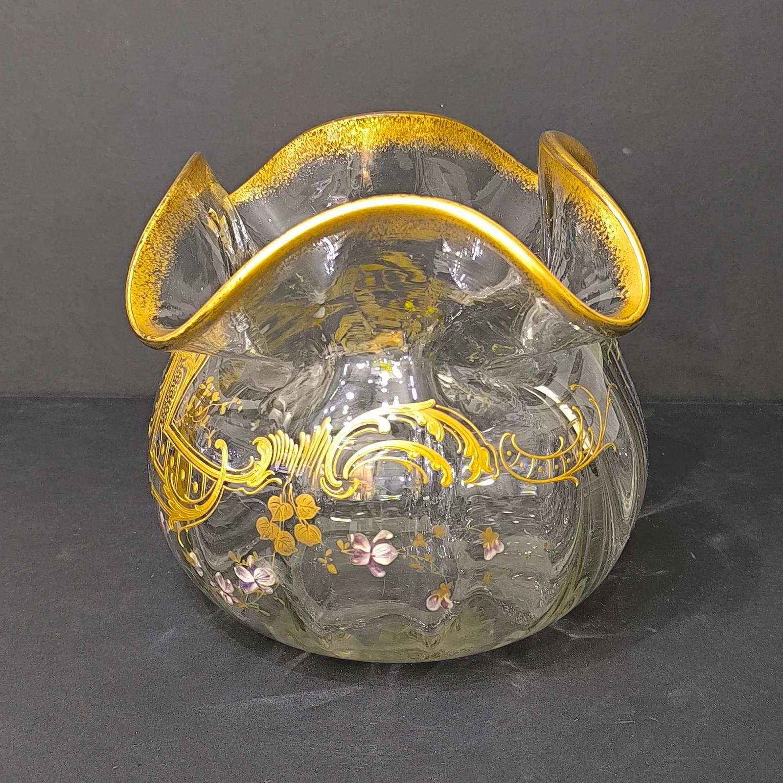 Large French St Louis Crystal Bowl With Gilt and Enameled Floral Decoration For Sale 2