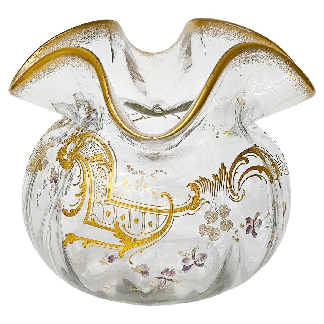 Grand bol en cristal de St Louis avec décoration florale dorée et émaillée