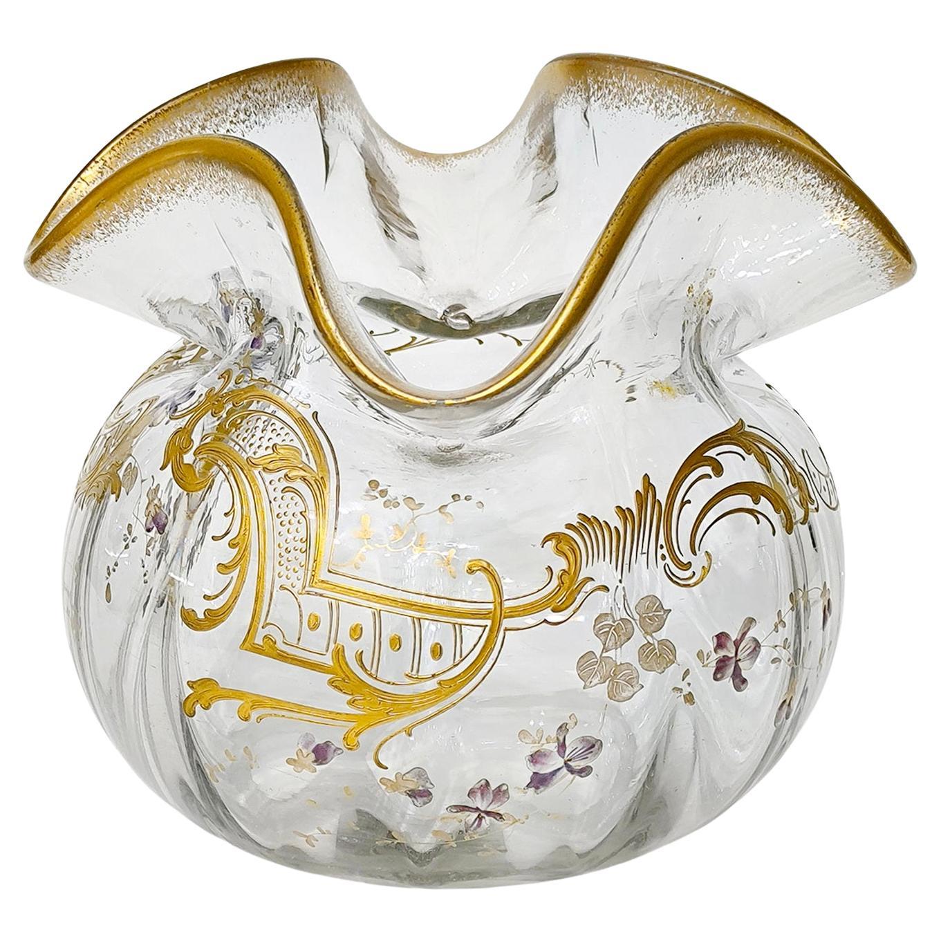 Grande ciotola francese St. Louis Crystal con decorazione floreale dorata e smaltata