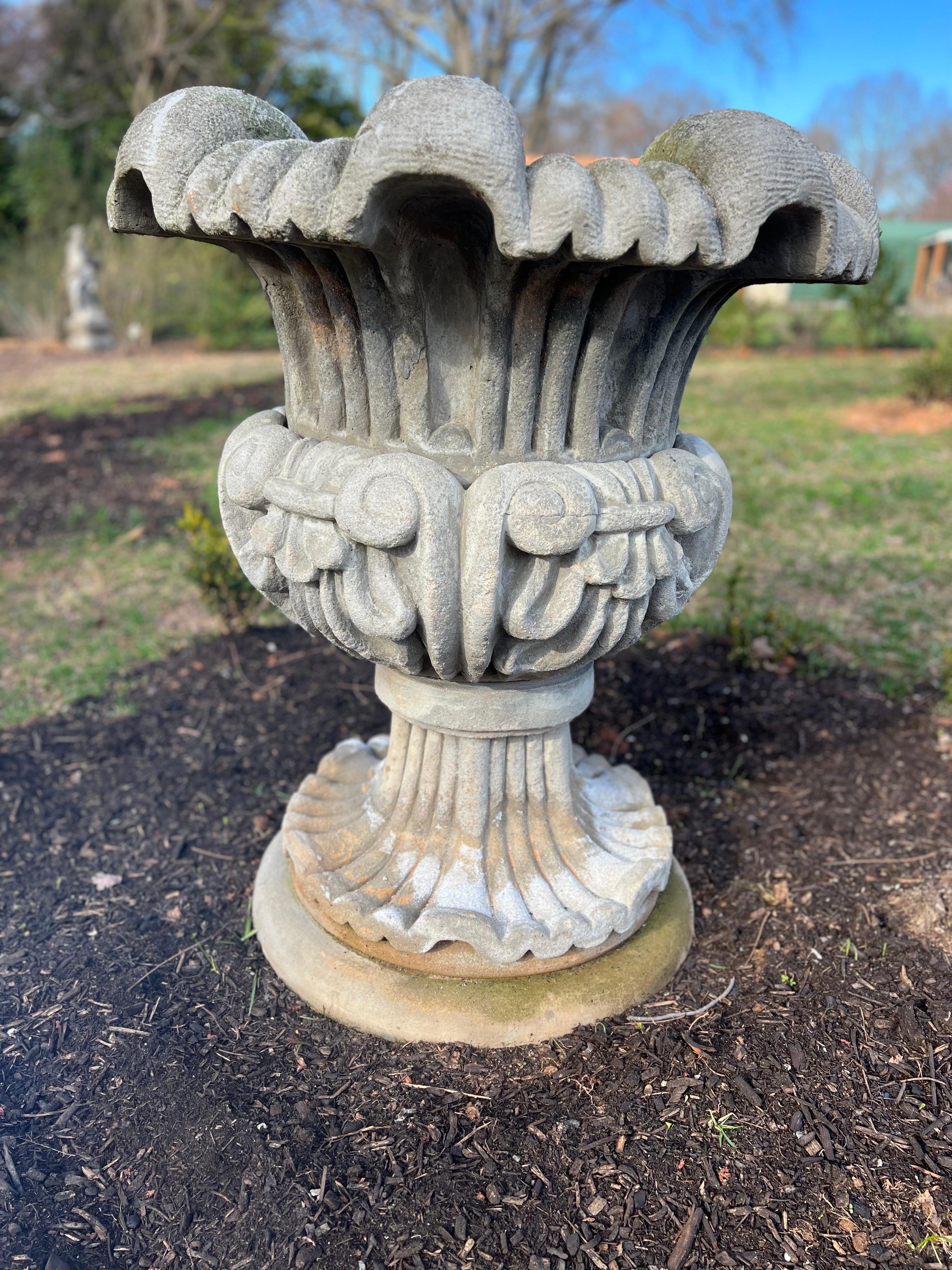 Please be sure to note the size. Very large scale garden planter / urn. 
Stands 42 inches high.  
Ornate detail comes in three sections. 

Tulip shape top crown. Overall great condition with signs of age / patina. See pics. 

