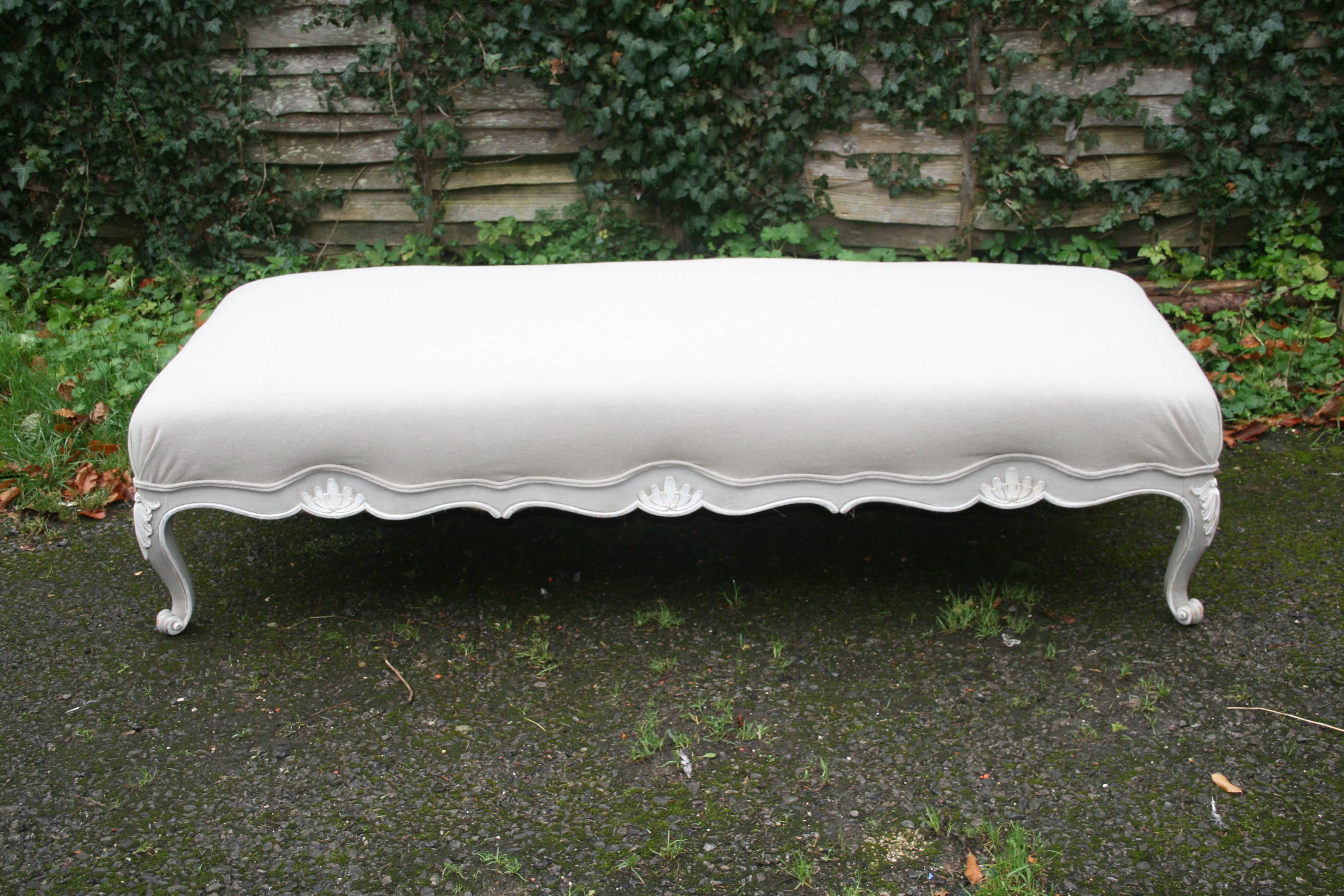 French Louis style stool in two-tone paint and new fabric top, ideal for end of bed or bay window.
