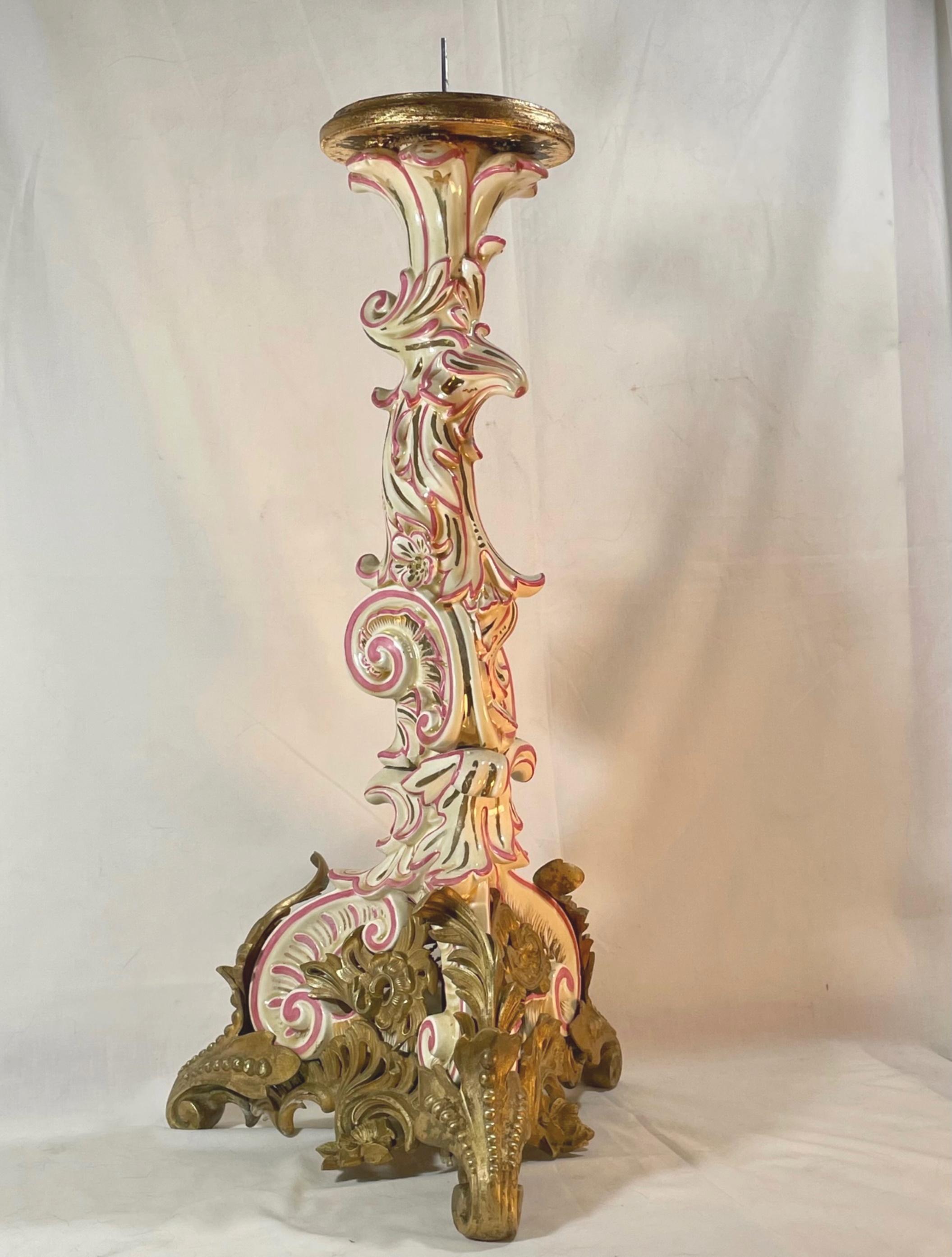 Large French Strasbourg 19th Century Faience tall floor candle holder with Ormolu

19th century French Strasbourg faience floor candle holder in Rococo style. Extremely beautiful and elegant, the torchiere is decorated in a burgundy and gold