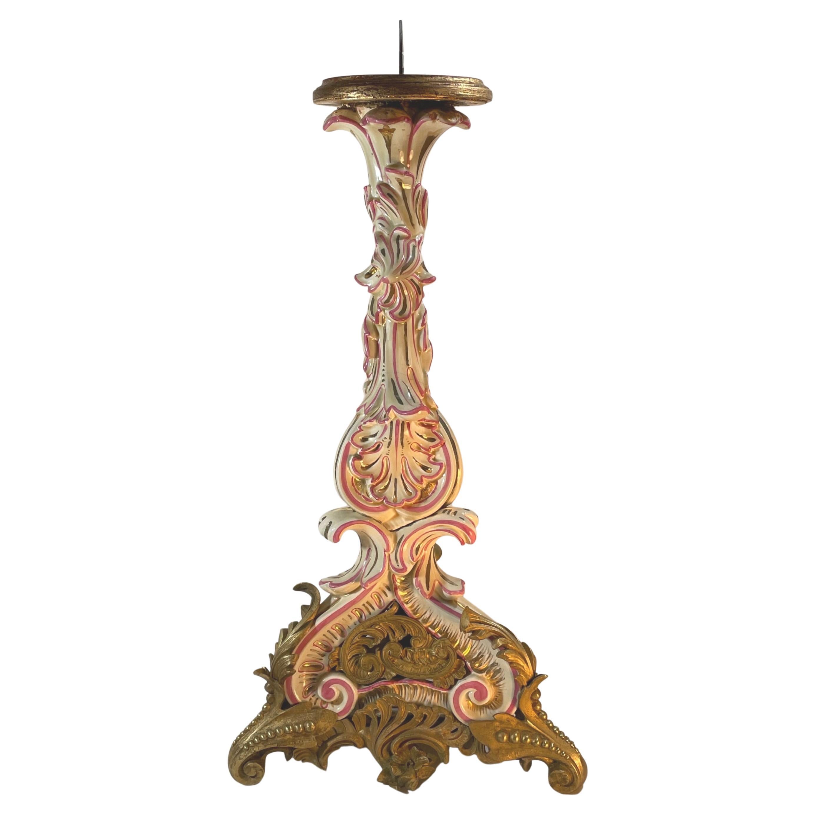 Large French Strasbourg 19th Century Faience Tall Floor Candle Holder w/ Ormolu For Sale
