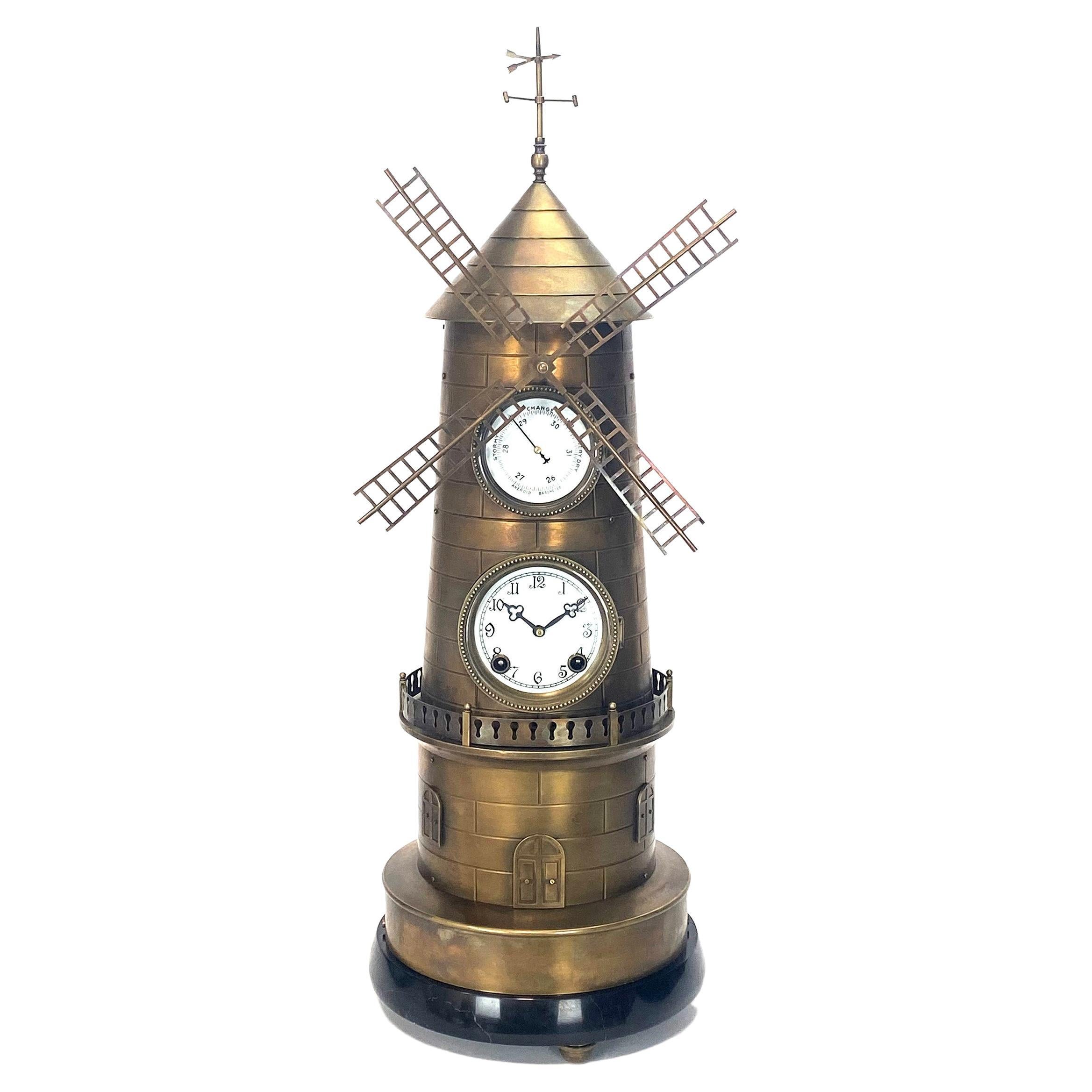 Large French Style 8 Day Brass Automaton Windmill Industrial Clock For Sale