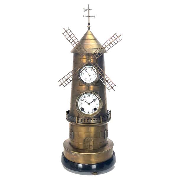 Large French Style 8 Day Brass Automaton Windmill Industrial Clock For ...