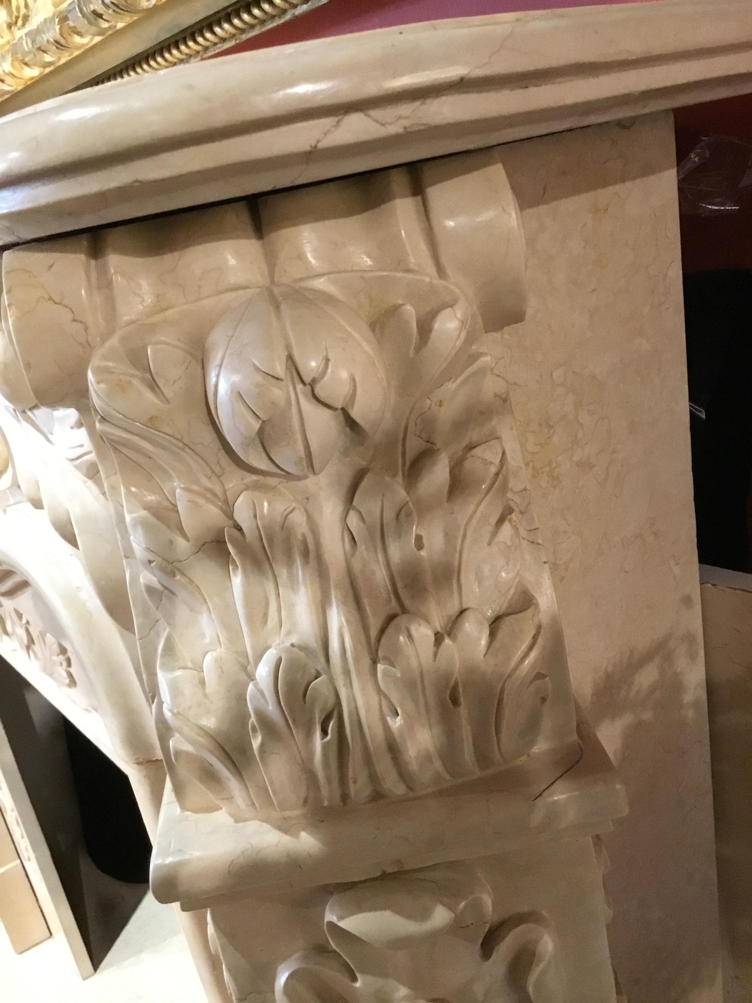 Chinese Large French Style Cream Marble Mantel, Hand Carved with Floral Designs