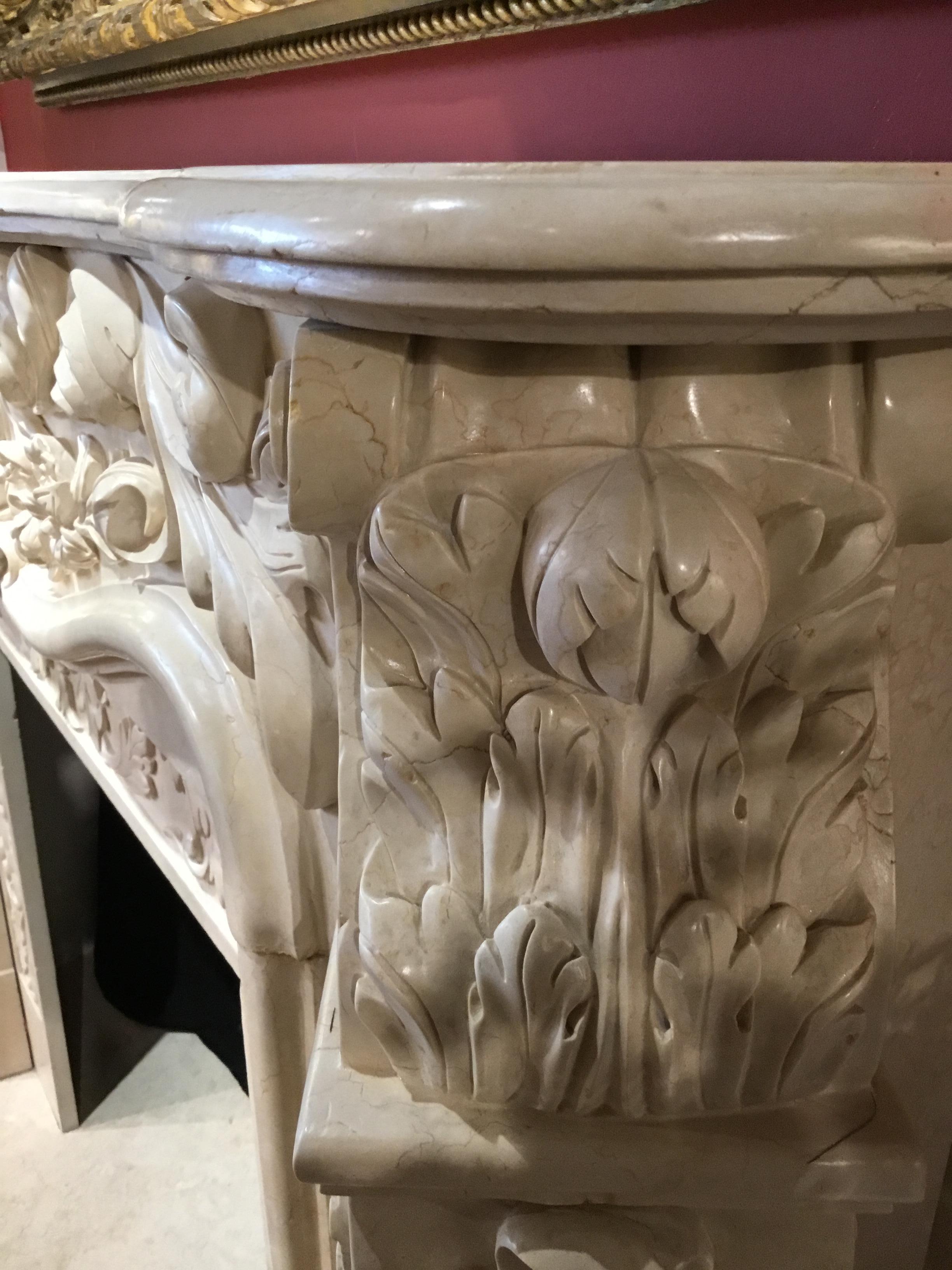 Hand-Carved Large French Style Cream Marble Mantel, Hand Carved with Floral Designs