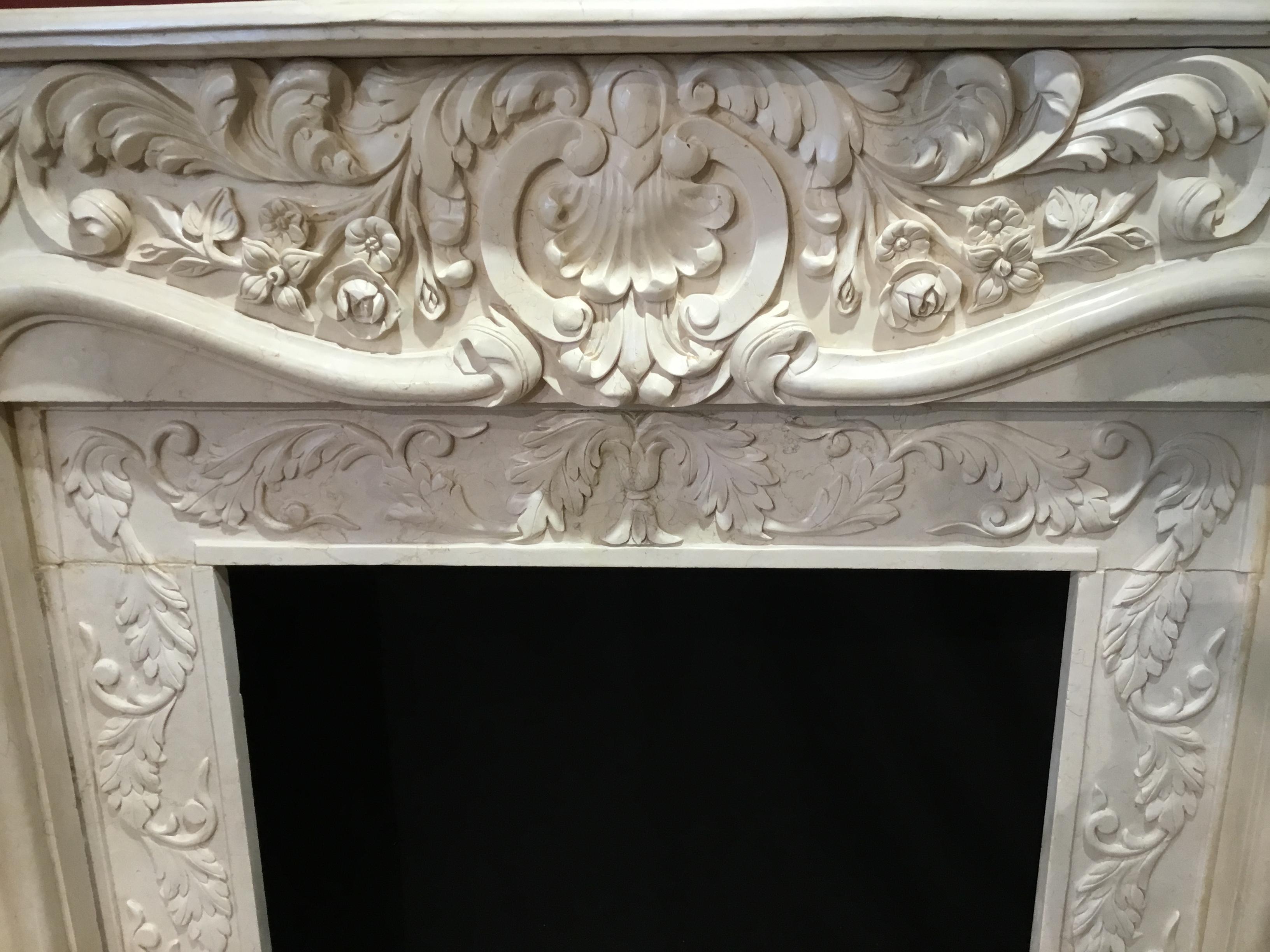 Large French Style Cream Marble Mantel, Hand Carved with Floral Designs 1