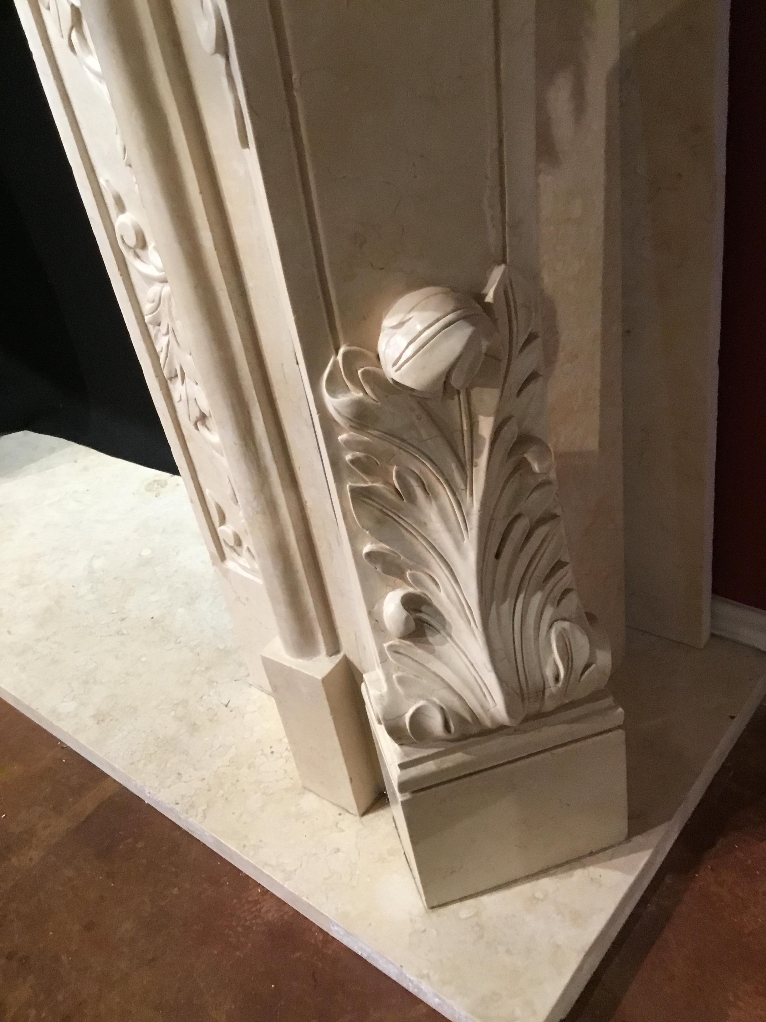 Large French Style Cream Marble Mantel, Hand Carved with Floral Designs 2