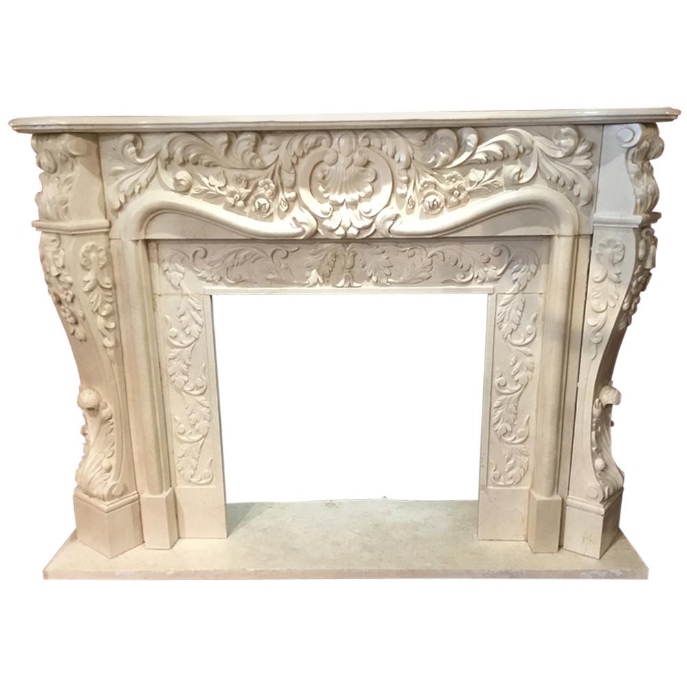 Large French Style Cream Marble Mantel, Hand Carved with Floral Designs
