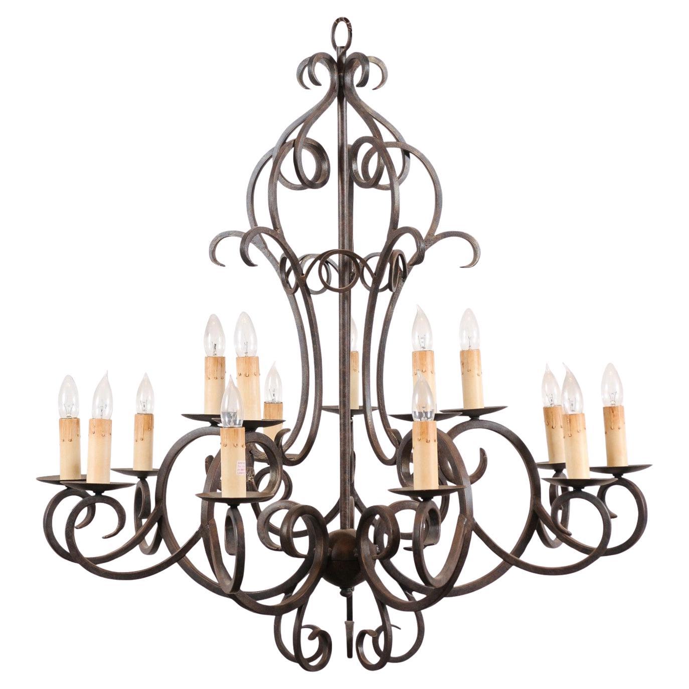 Large French Style Iron Chandelier with 15 Lights, Reproduction en vente
