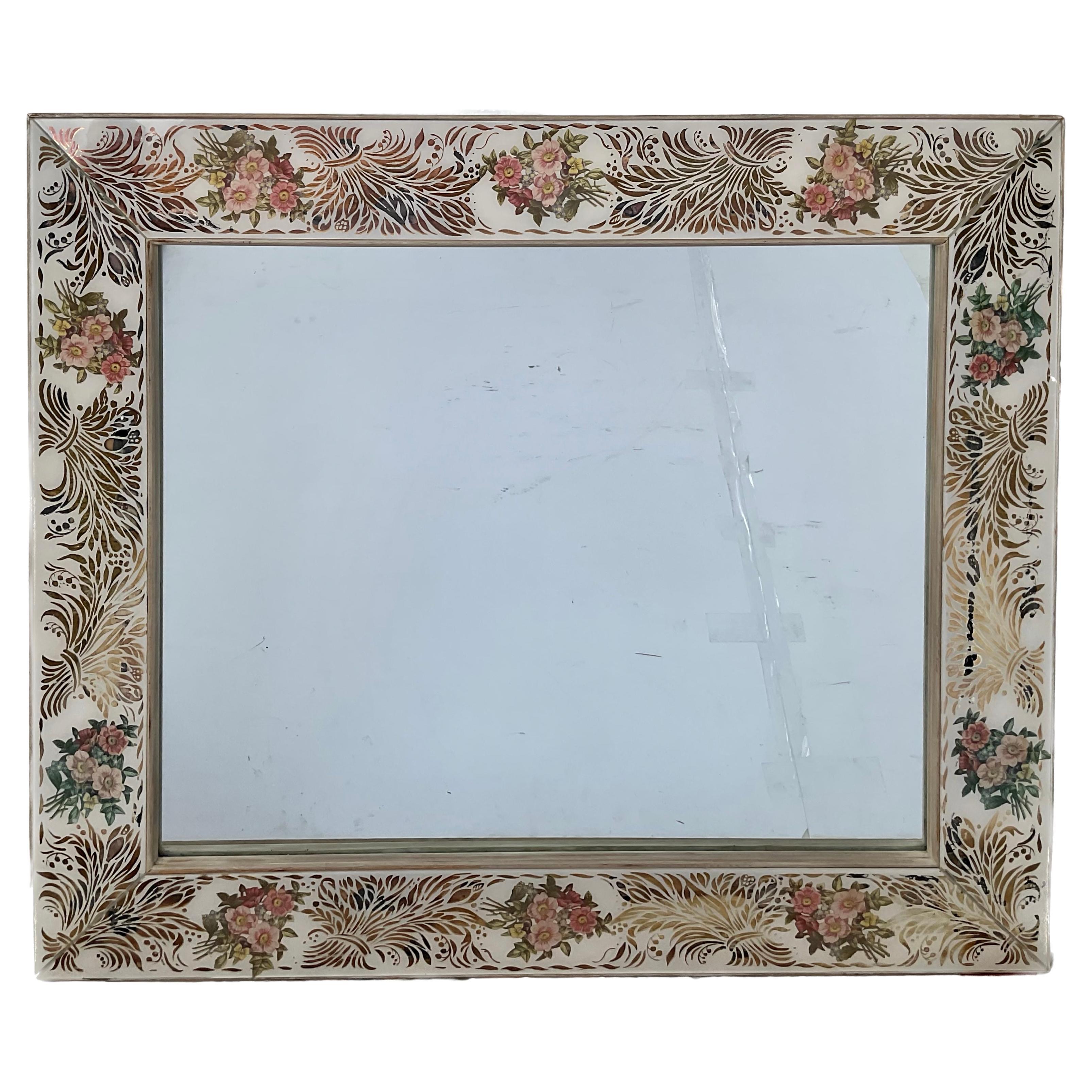 Glass Large French Style Verre Eglomise Gold Leaf Mirror For Sale