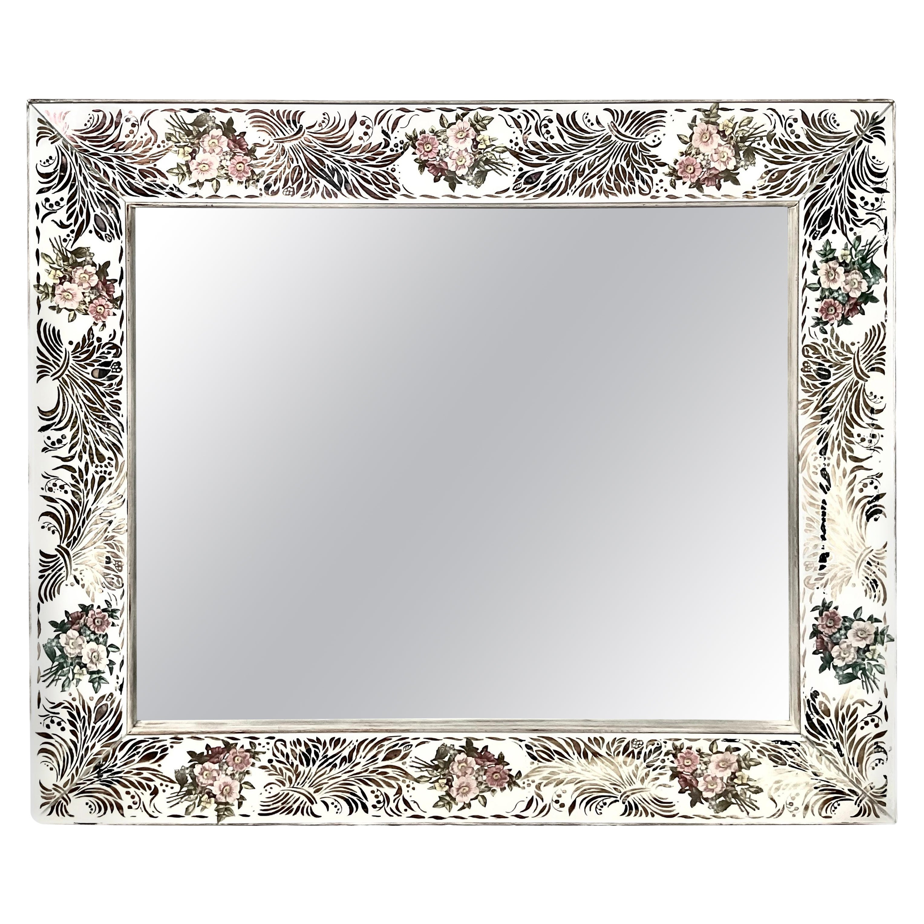 Grande specchio in stile francese in foglia d'oro Verre Eglomise