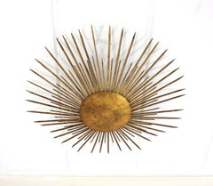 Large French Sunburst Flush Mount Light Fixture in Gilt Iron, 1940s