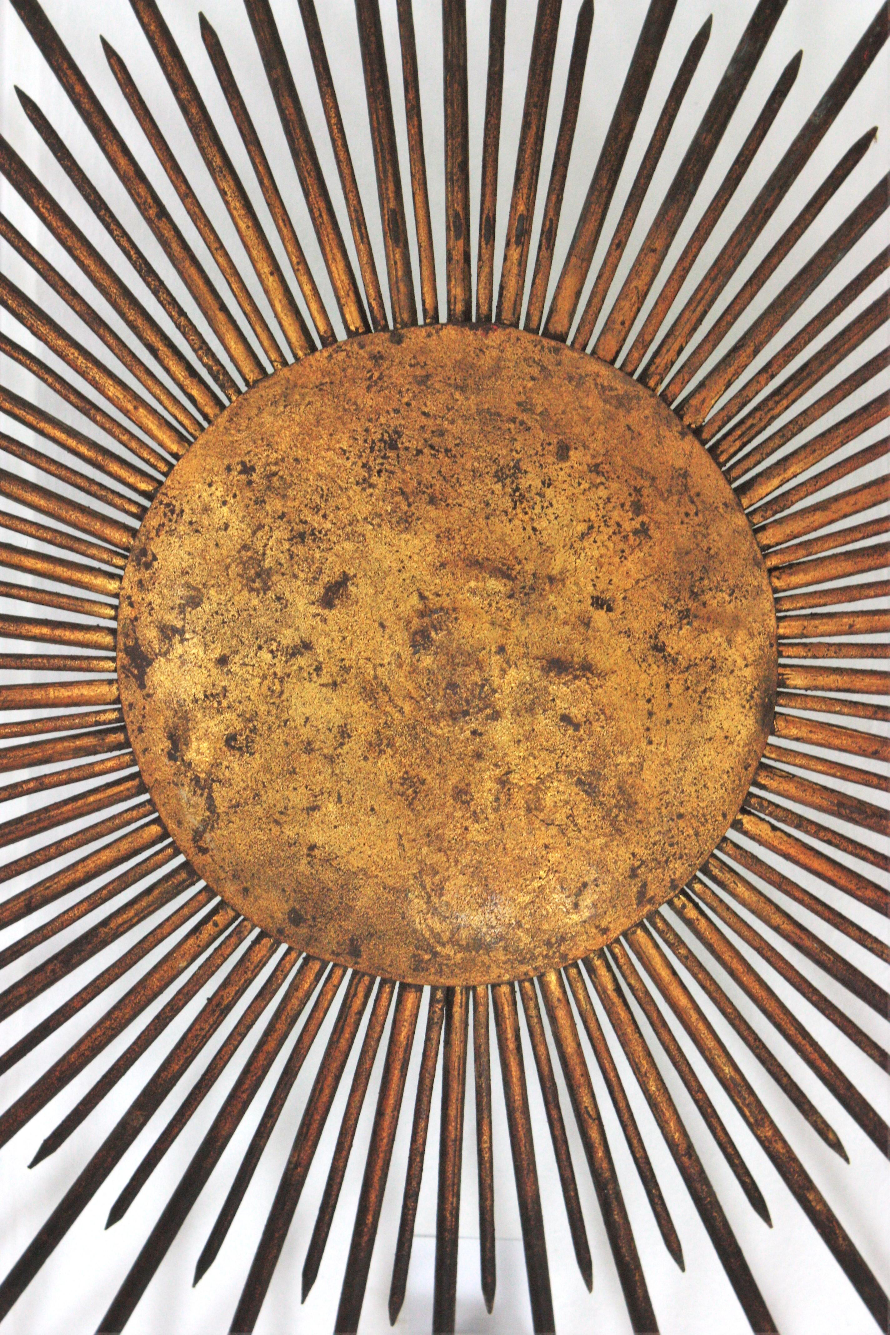 Large French Sunburst Flush Mount Light Fixture or Pendant, Gilt Iron, 1940s 5