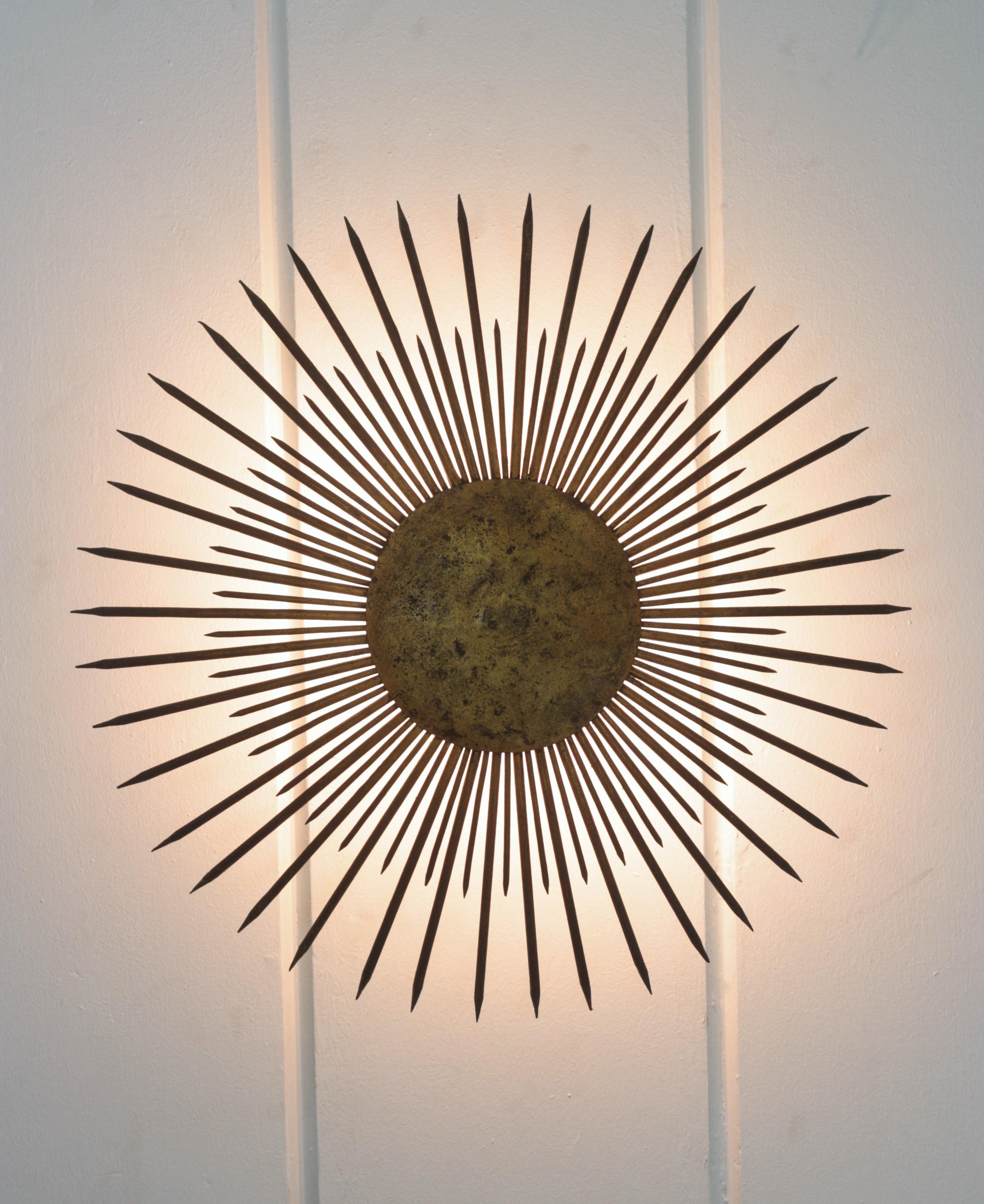 Large French Sunburst Flush Mount Light Fixture or Pendant, Gilt Iron, 1940s 6