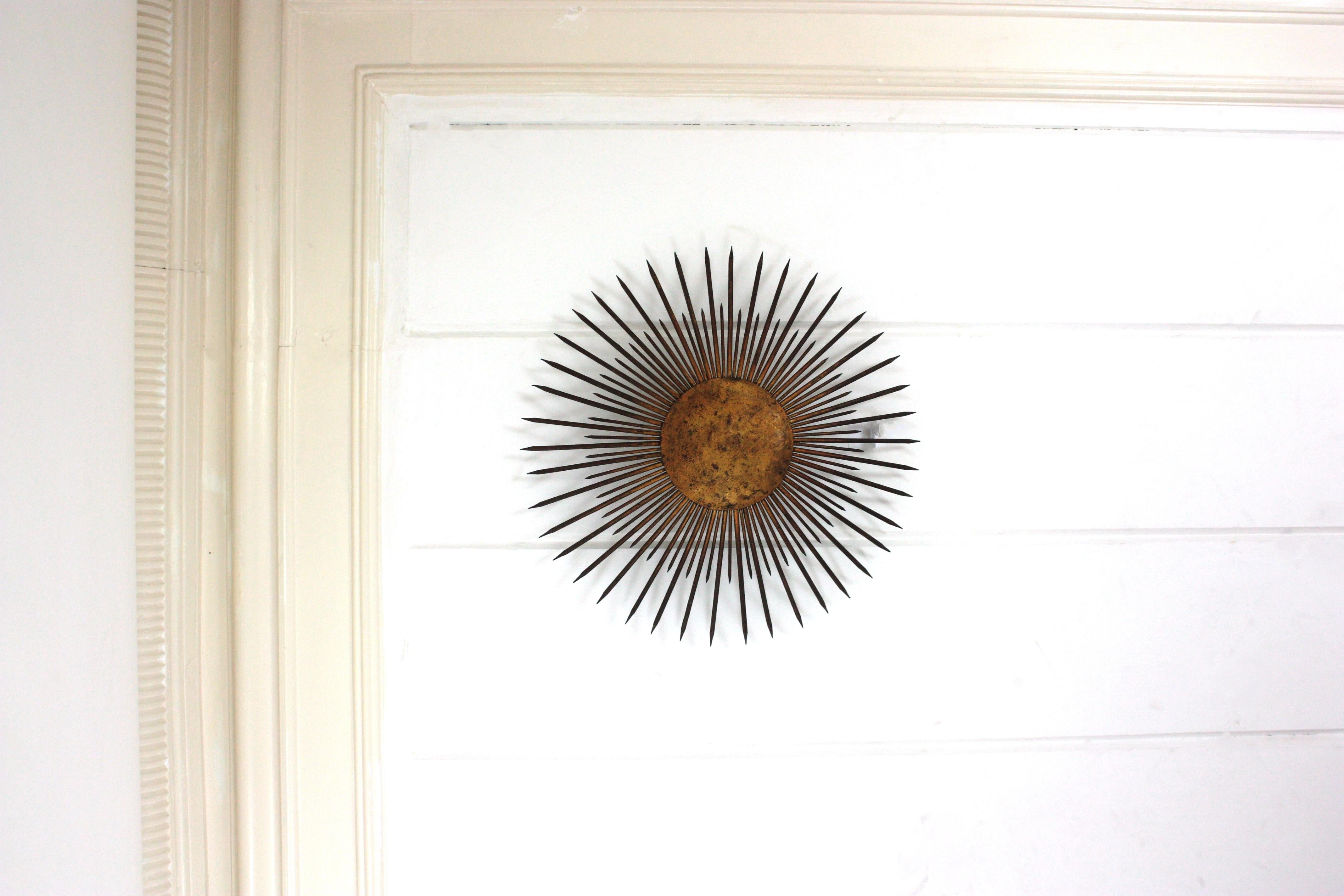 Large French Sunburst Flush Mount Light Fixture or Pendant, Gilt Iron, 1940s 7