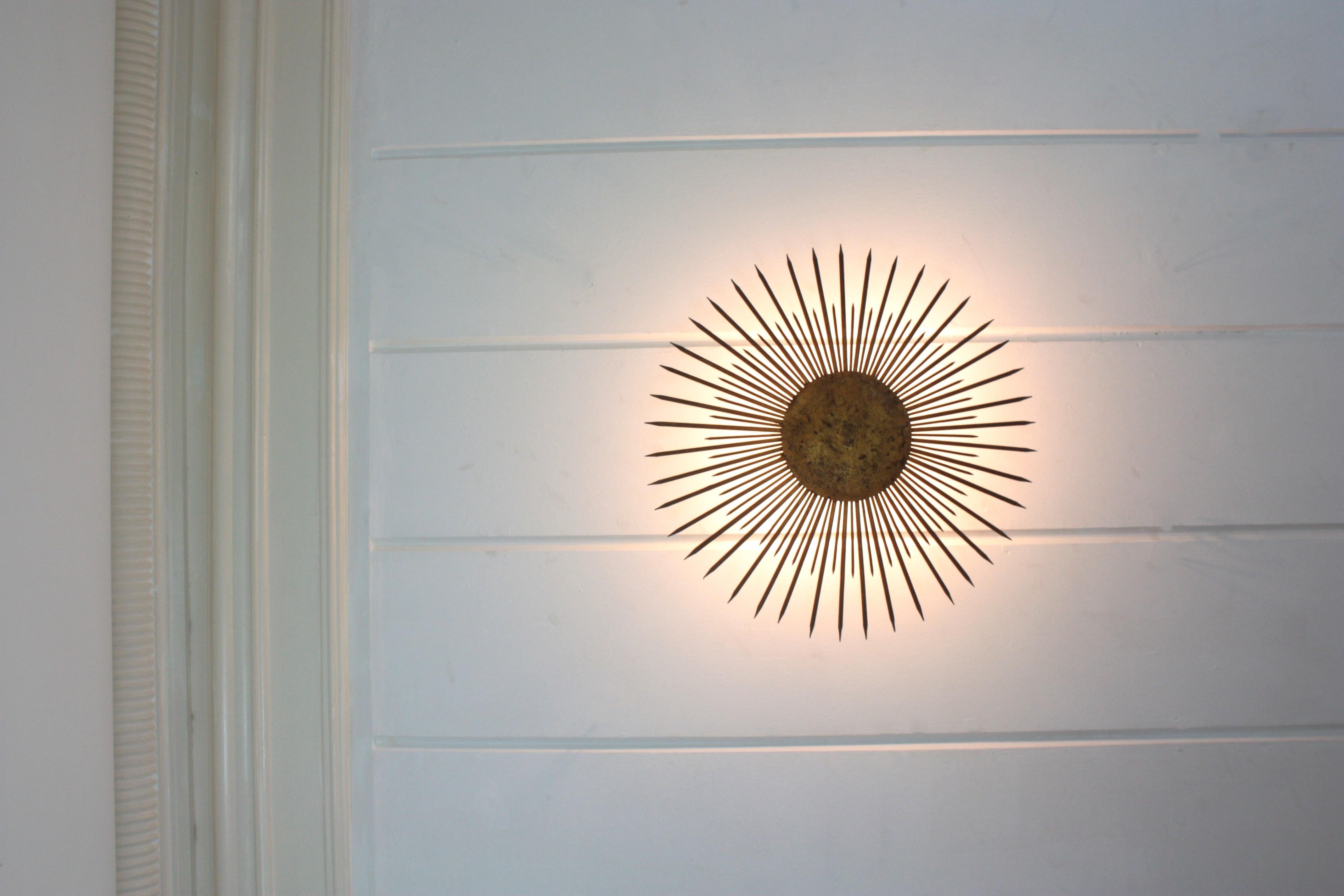 Large French Sunburst Flush Mount Light Fixture or Pendant, Gilt Iron, 1940s 8