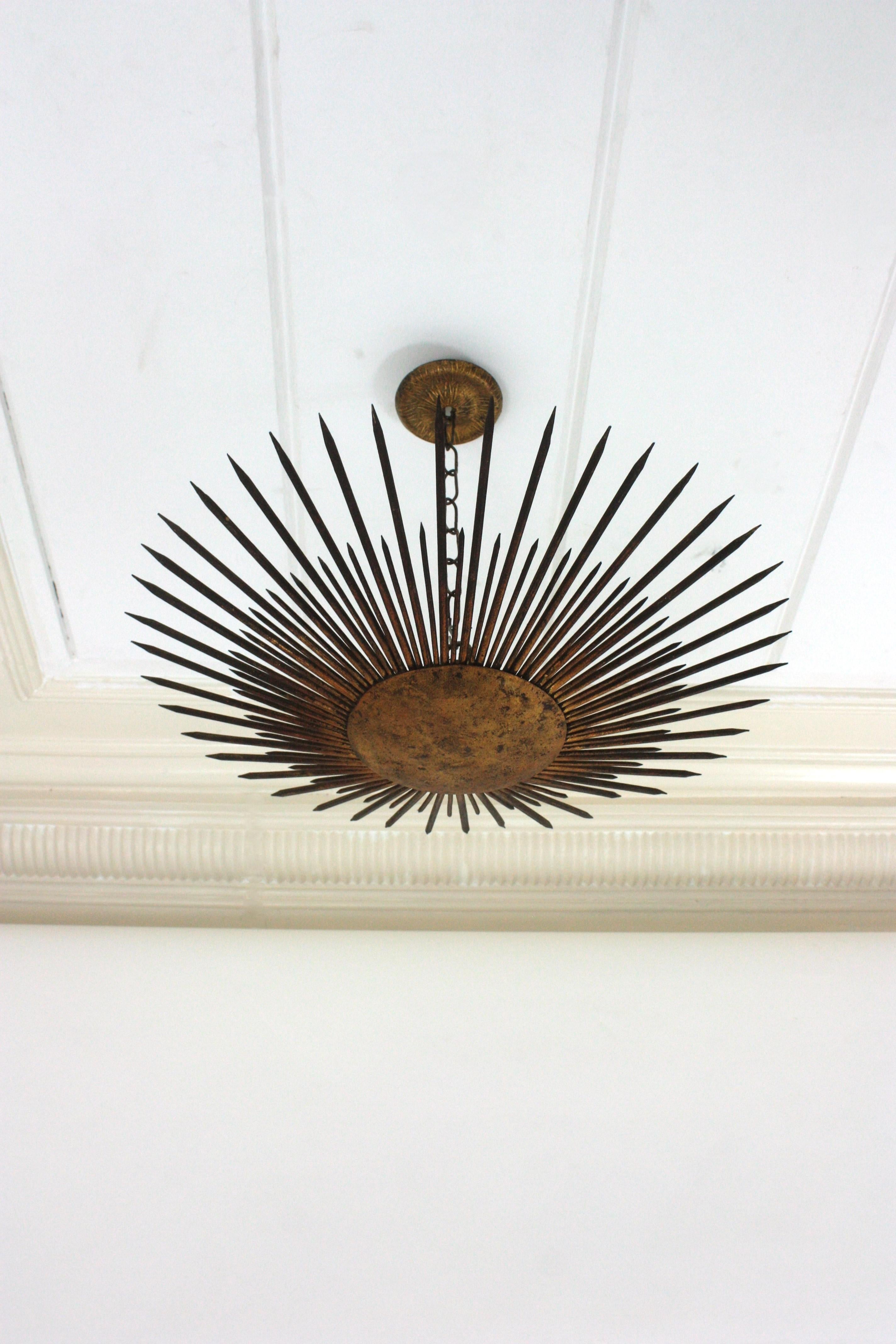 Large French Sunburst Flush Mount Light Fixture or Pendant, Gilt Iron, 1940s 9