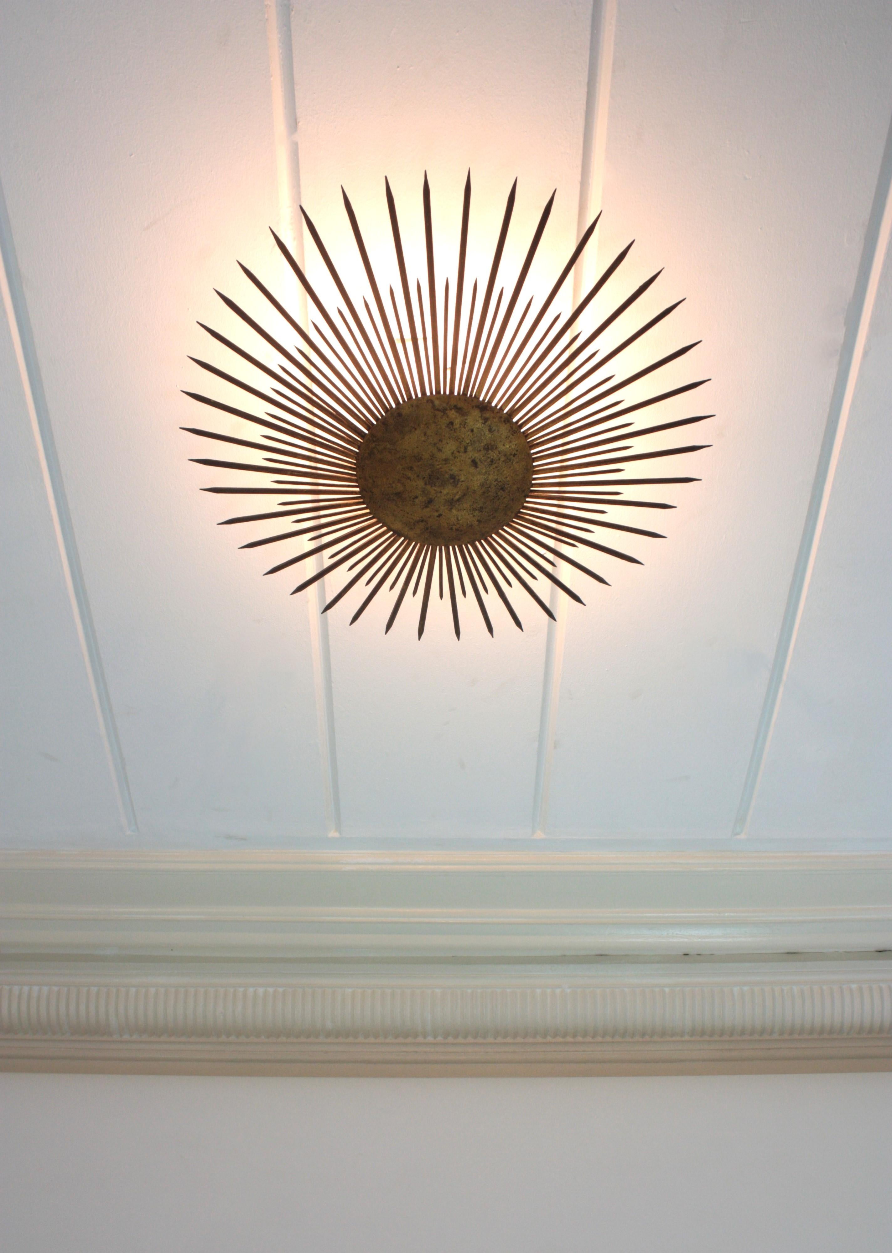 Large French Sunburst Flush Mount Light Fixture or Pendant, Gilt Iron, 1940s 10