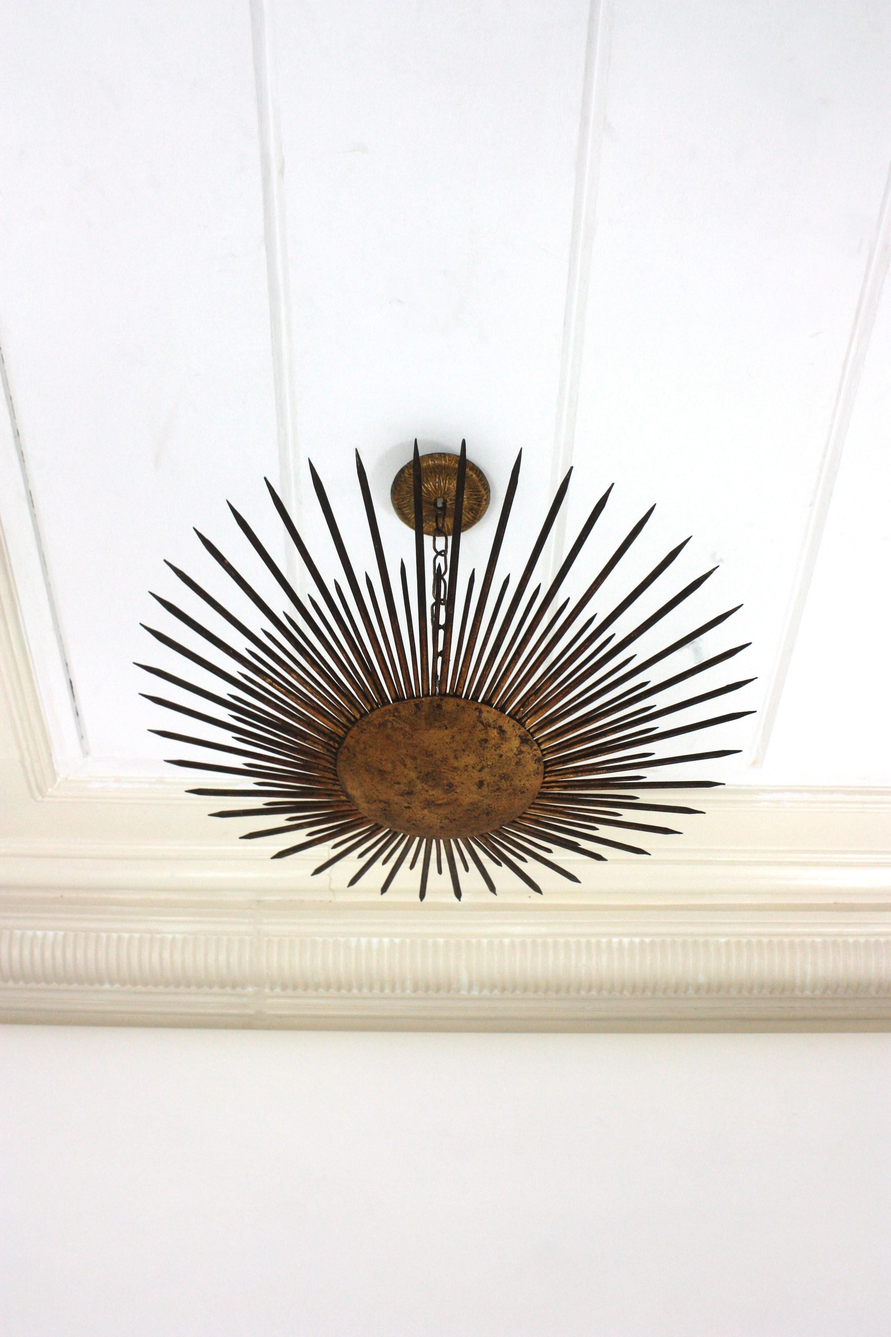 Large French Sunburst Flush Mount Light Fixture or Pendant, Gilt Iron, 1940s 11