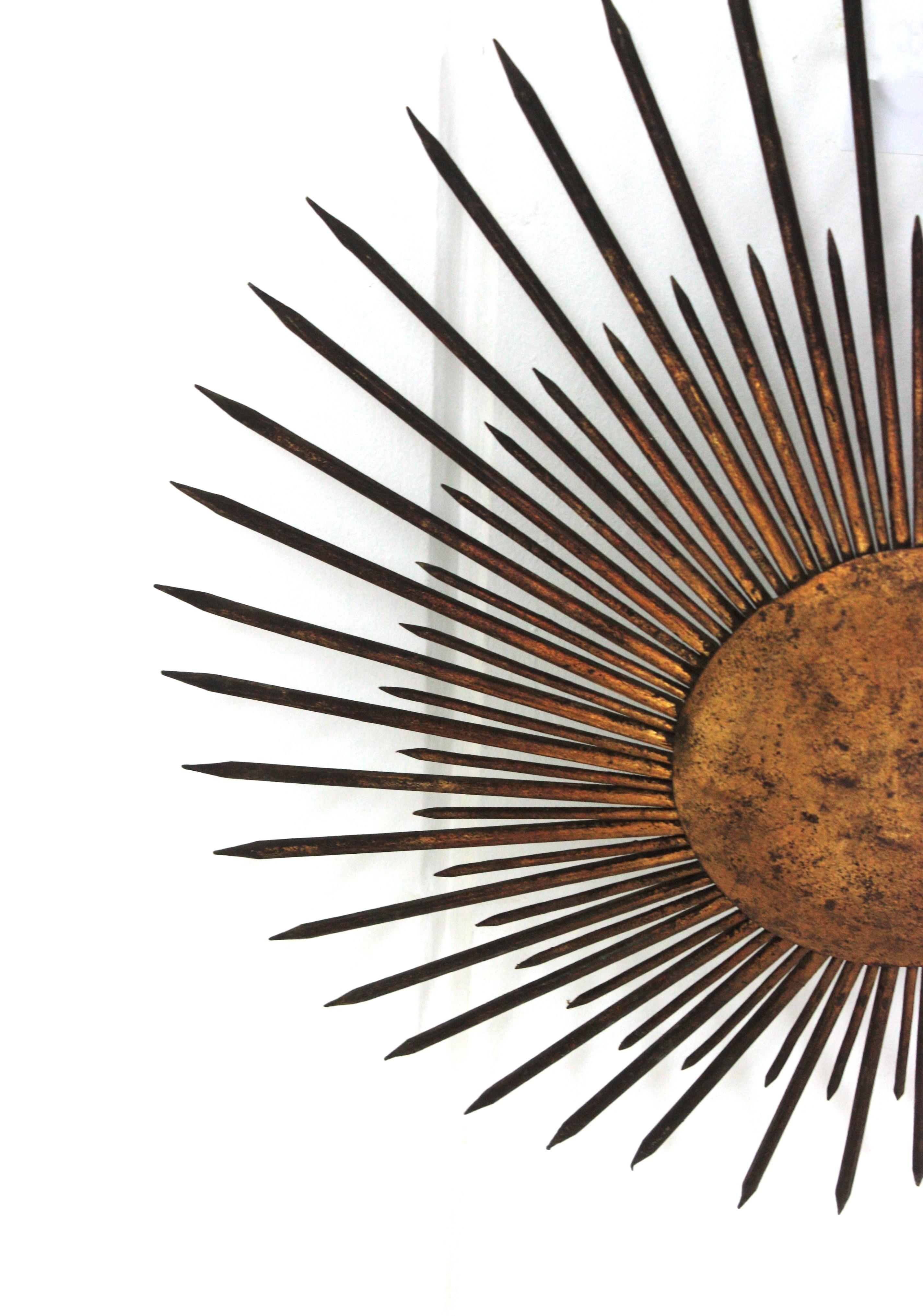 Large French Sunburst Flush Mount Light Fixture or Pendant, Gilt Iron, 1940s 12