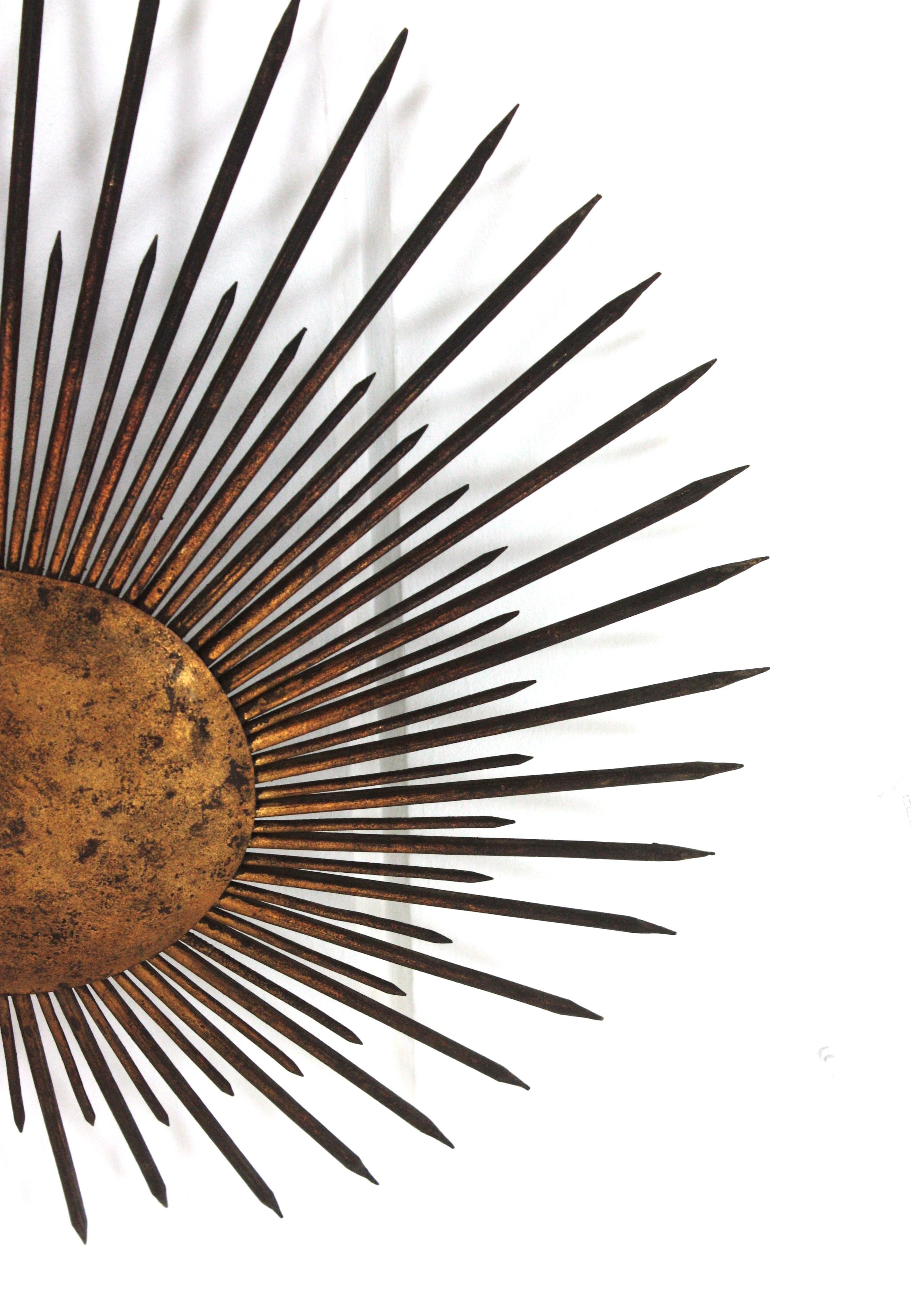 Large French Sunburst Flush Mount Light Fixture or Pendant, Gilt Iron, 1940s 13