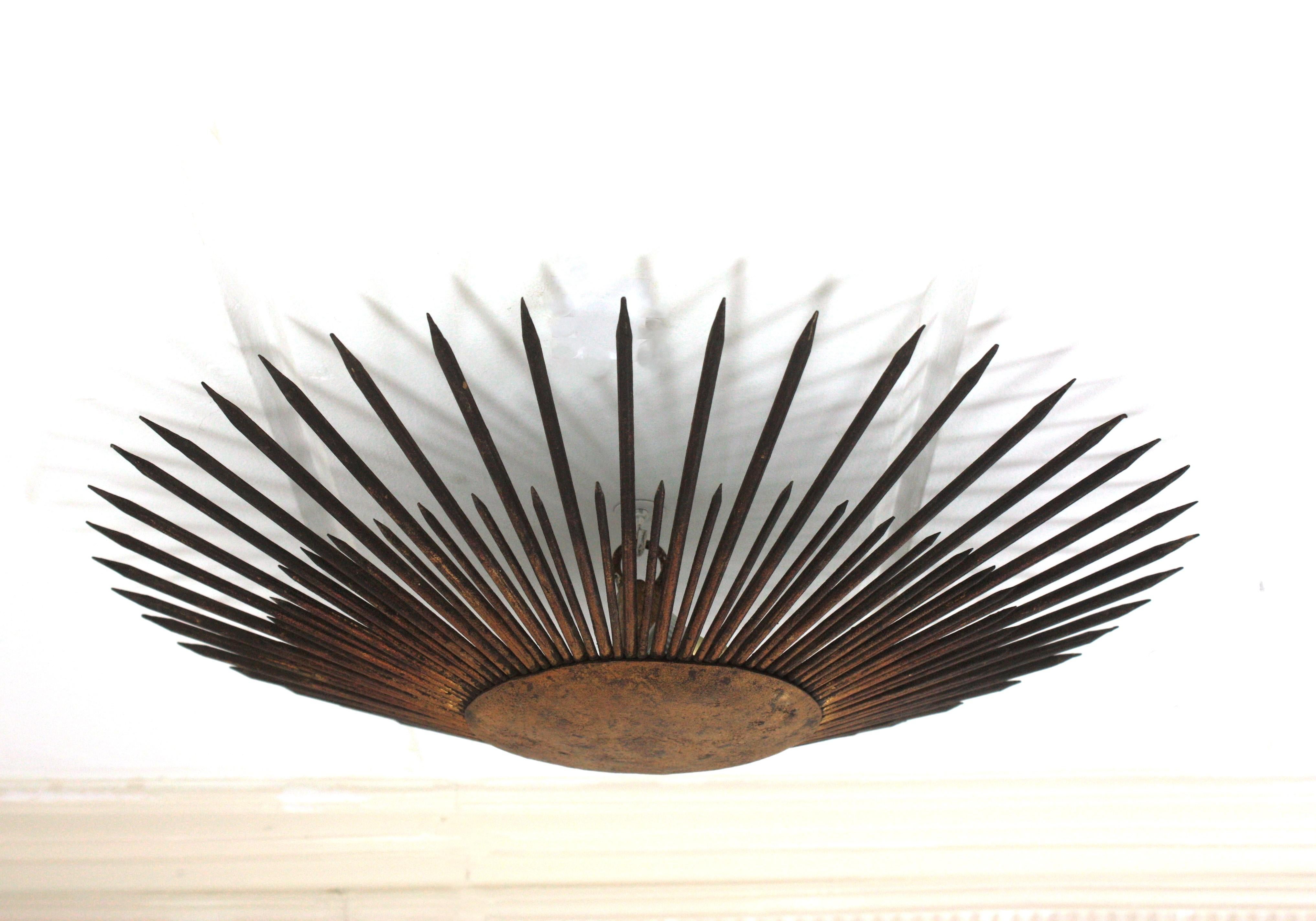 Large French Sunburst Flush Mount Light Fixture or Pendant, Gilt Iron, 1940s 14