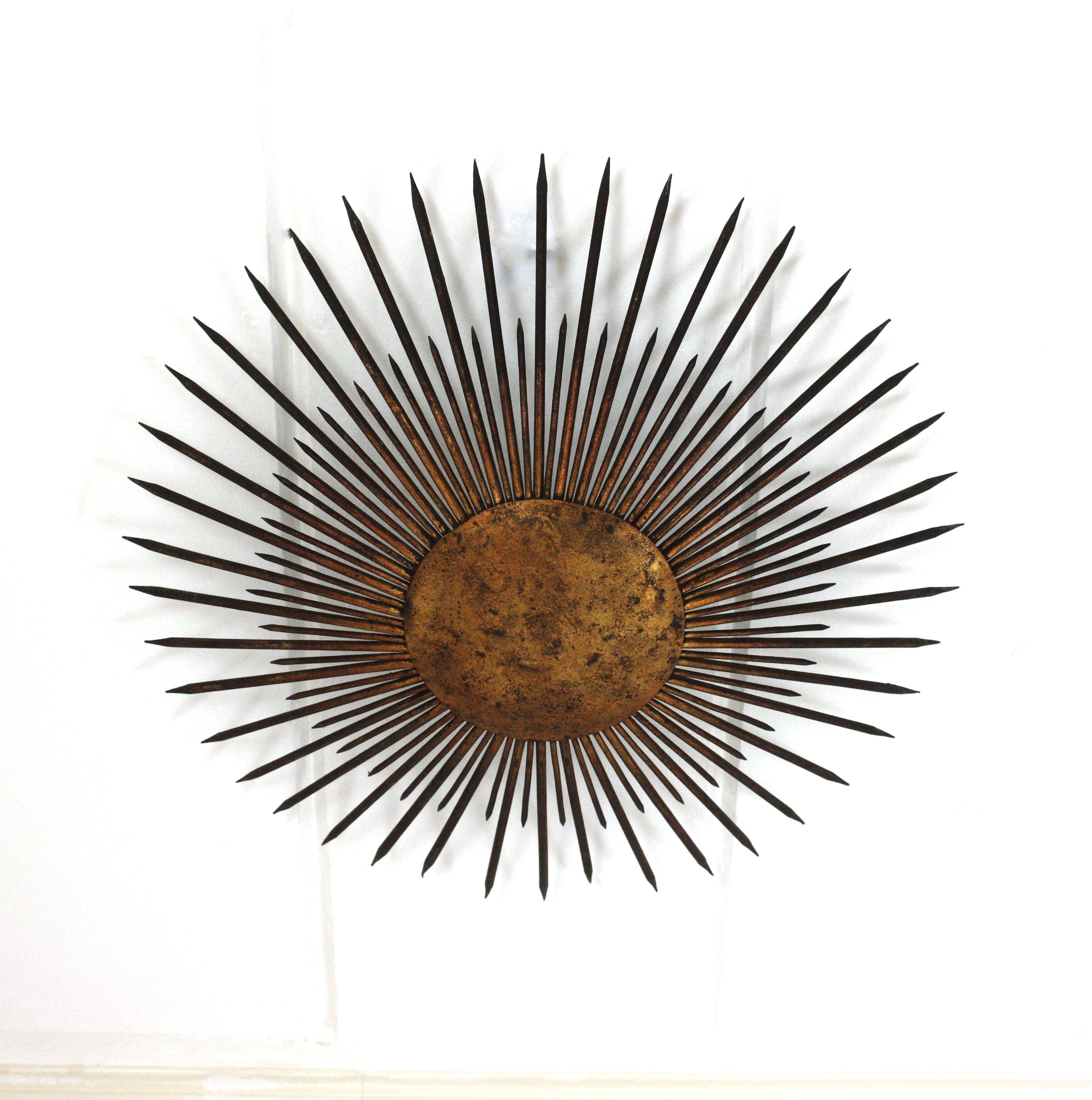 Art Deco Large French Sunburst Flush Mount Light Fixture or Pendant, Gilt Iron, 1940s