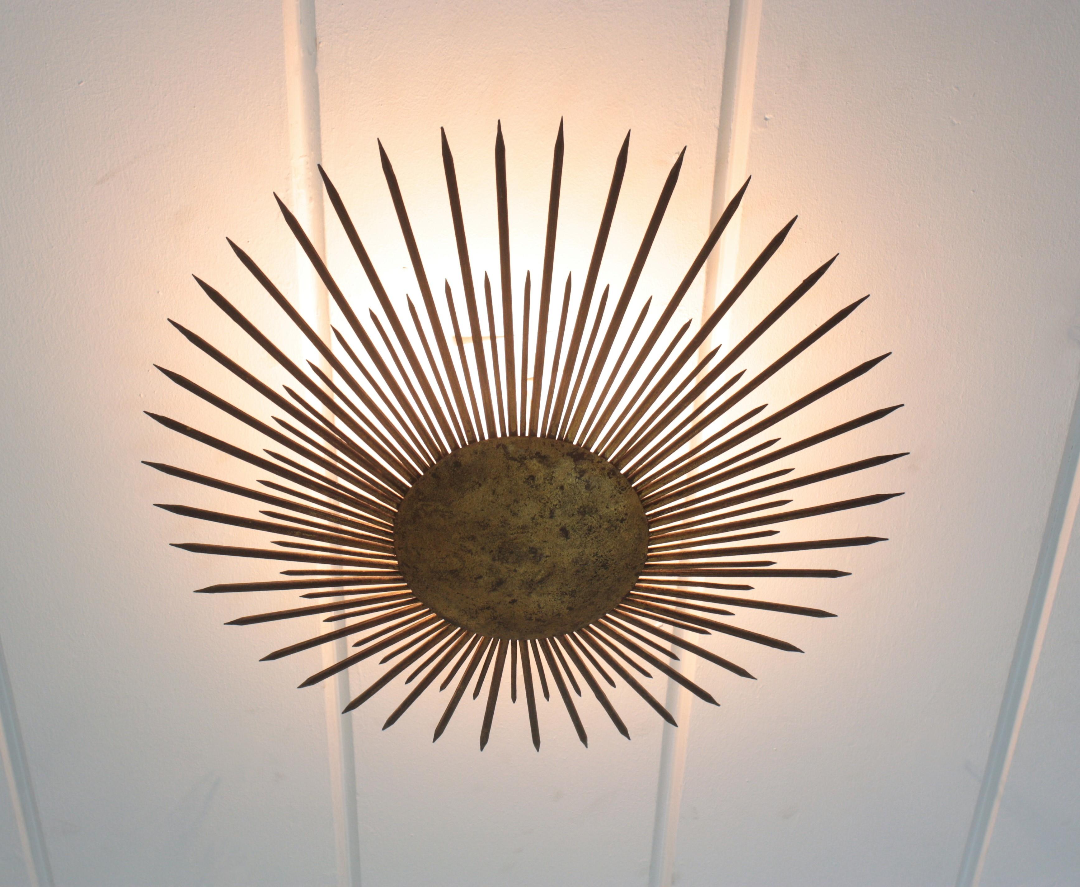 20th Century Large French Sunburst Flush Mount Light Fixture or Pendant, Gilt Iron, 1940s