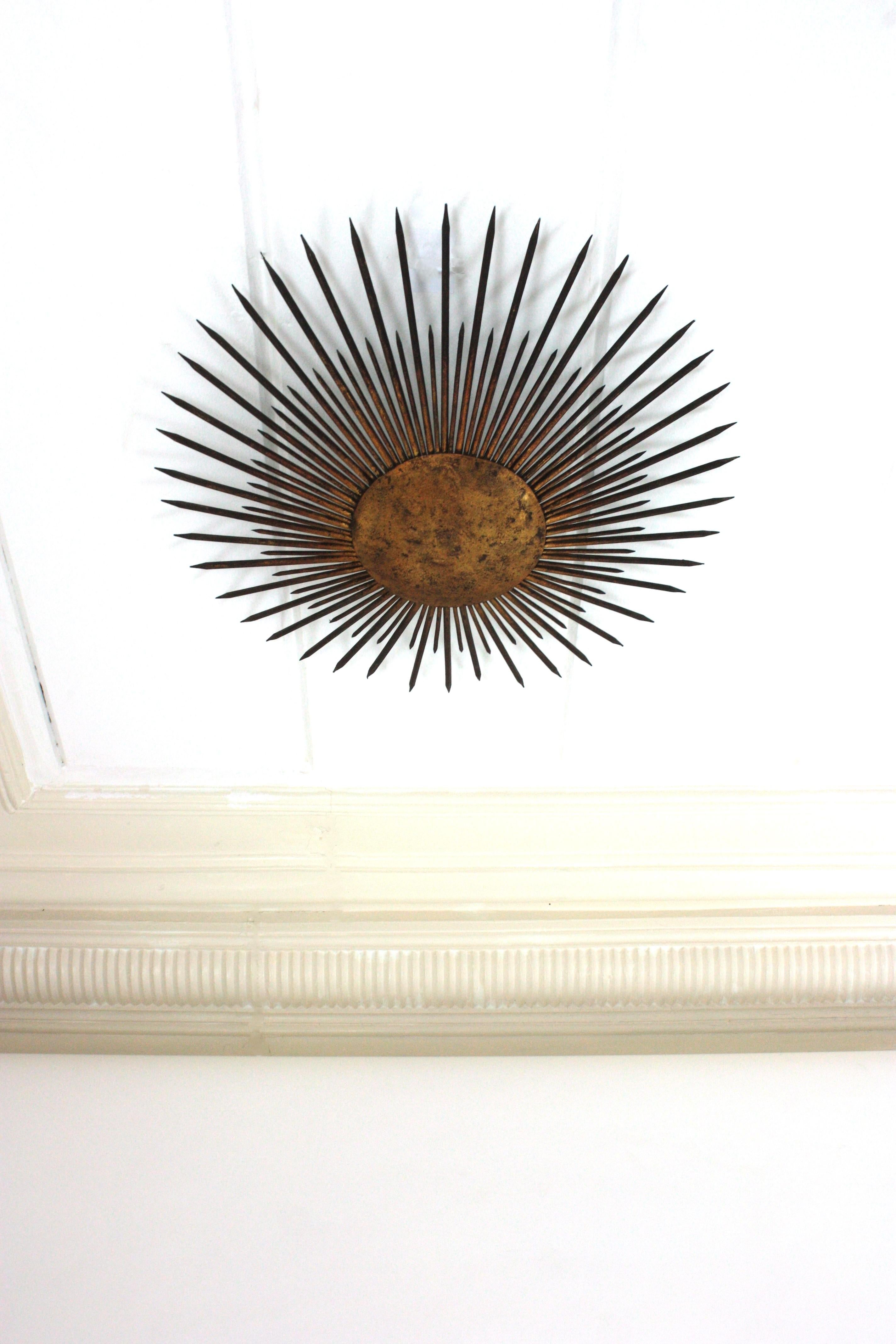 Large French Sunburst Flush Mount Light Fixture or Pendant, Gilt Iron, 1940s 2