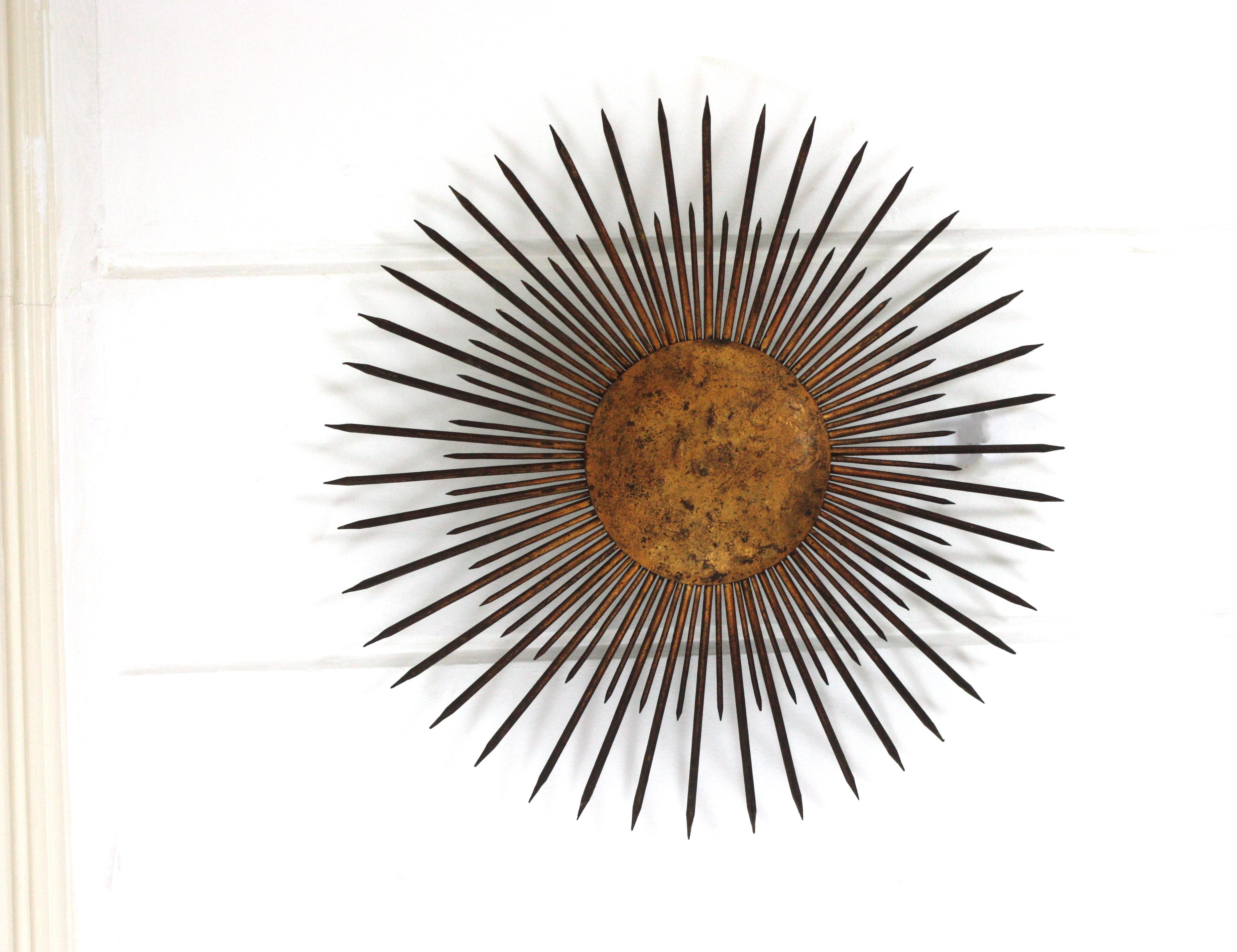 Large French Sunburst Flush Mount Light Fixture or Pendant, Gilt Iron, 1940s 4