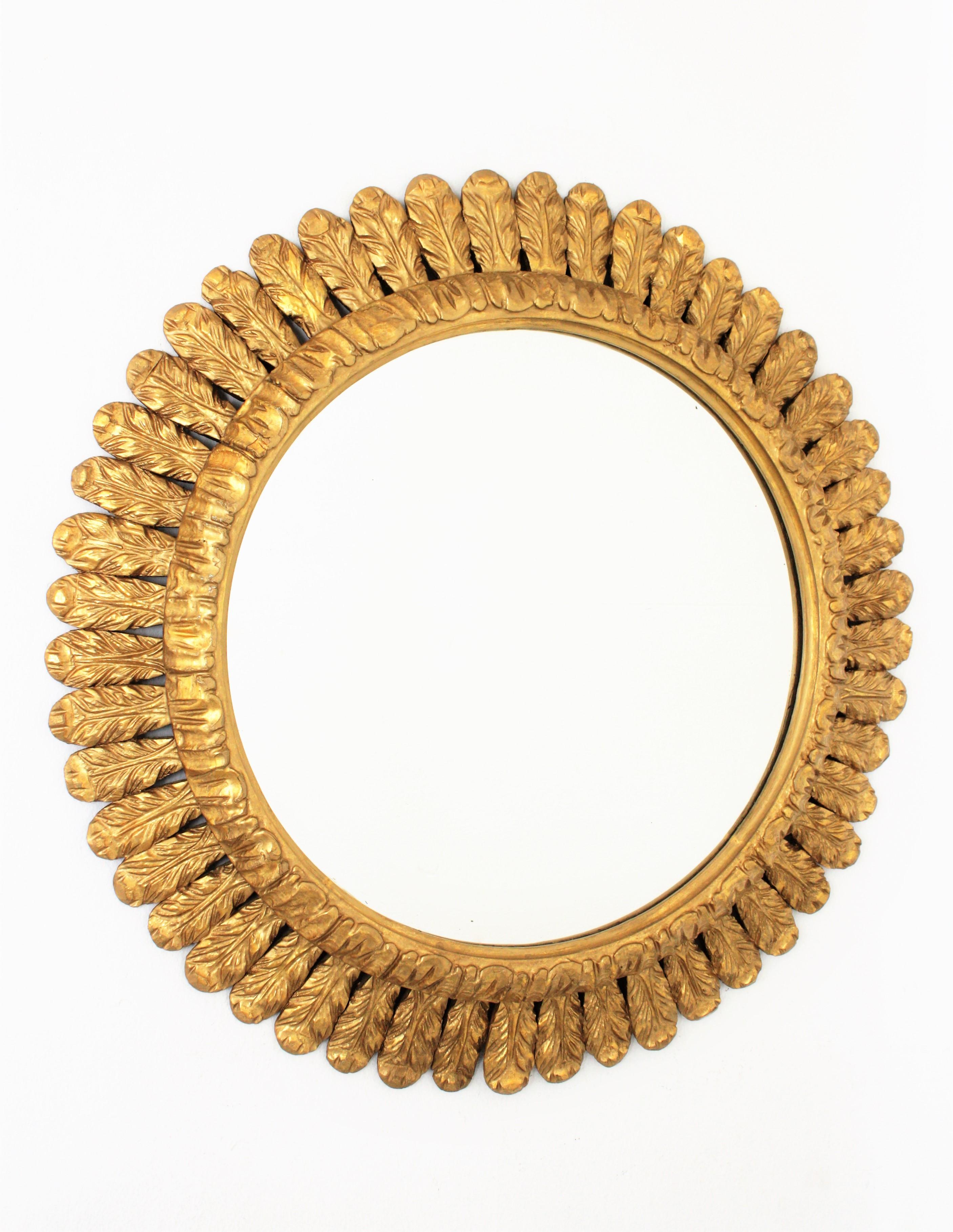 Large French Sunburst Mirror, Carved Giltwood Leafed Frame, 1950s 7