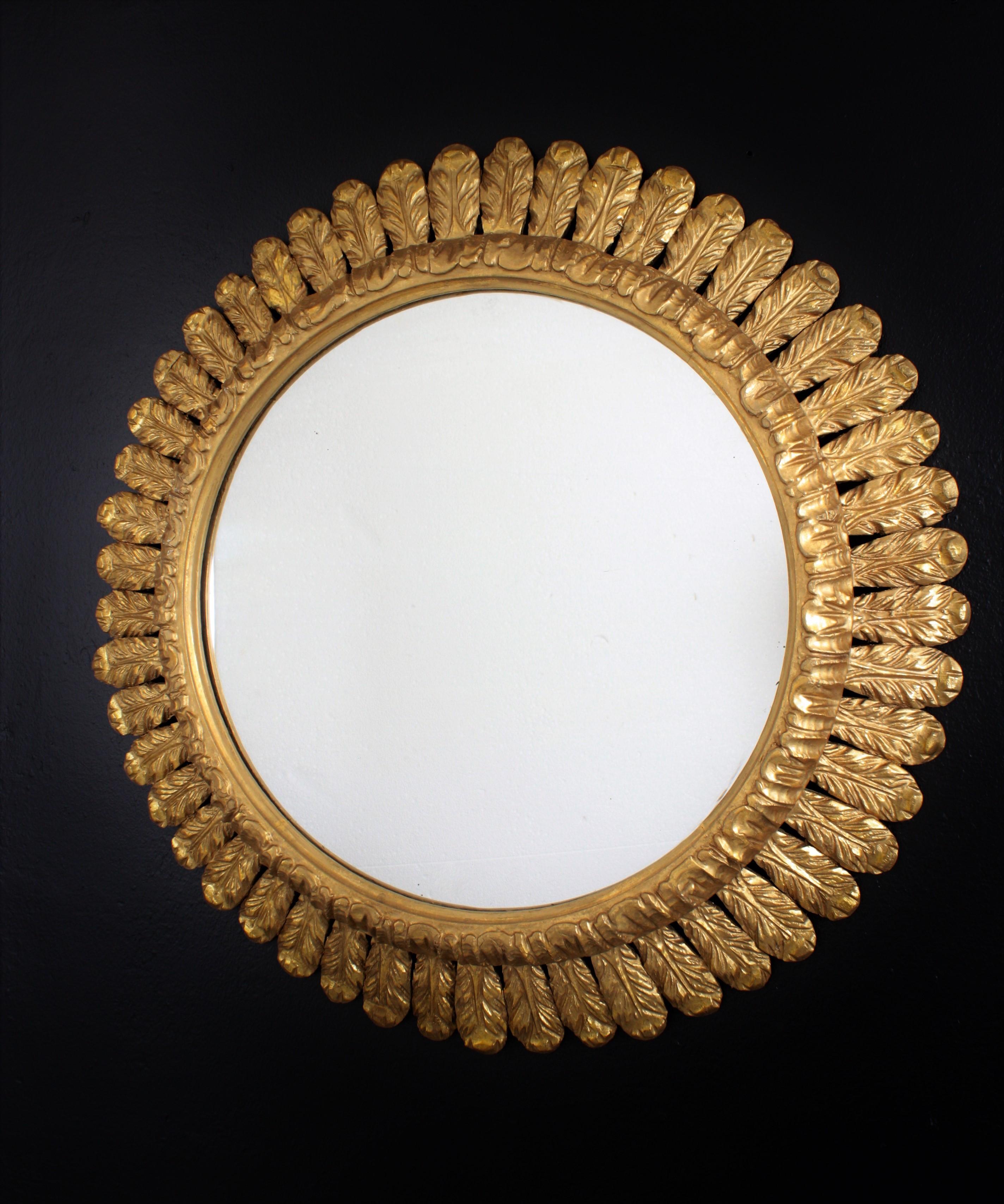 Mid-Century Modern Large French Sunburst Mirror, Carved Giltwood Leafed Frame, 1950s