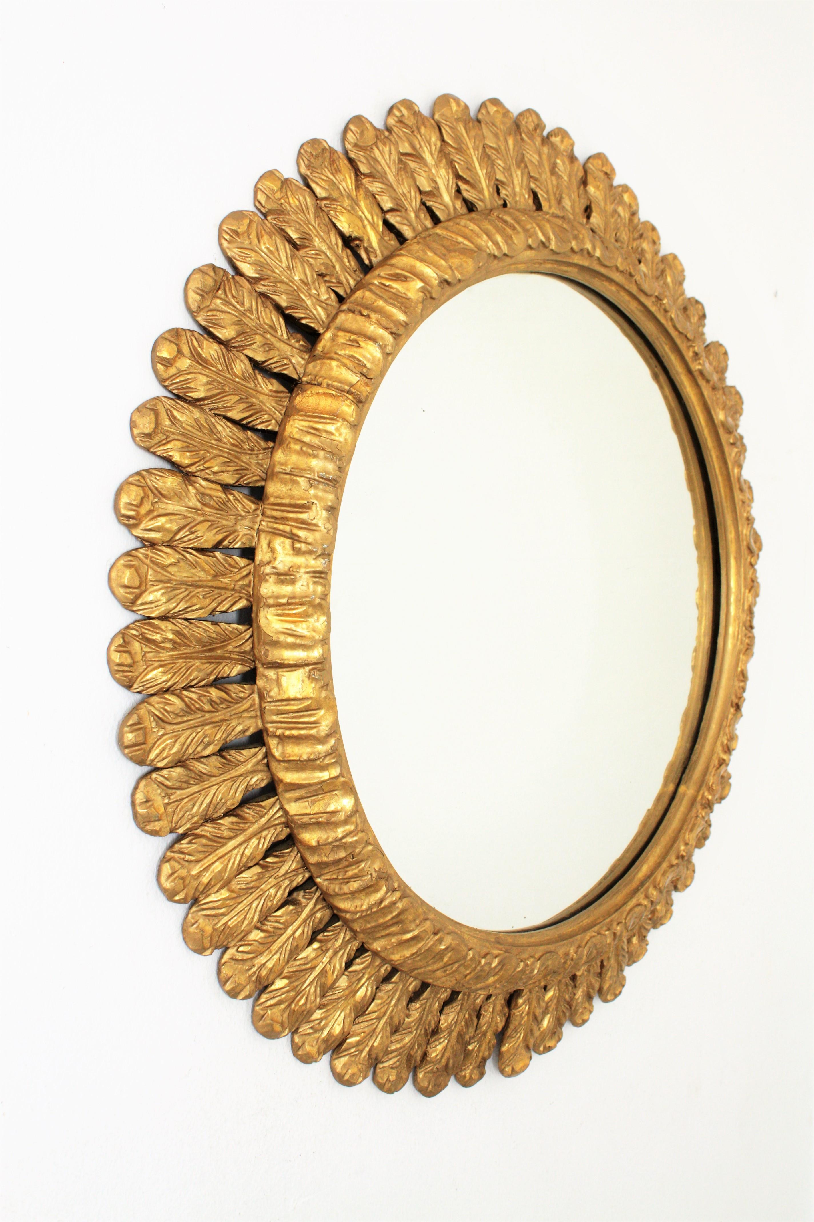 20th Century Large French Sunburst Mirror, Carved Giltwood Leafed Frame, 1950s