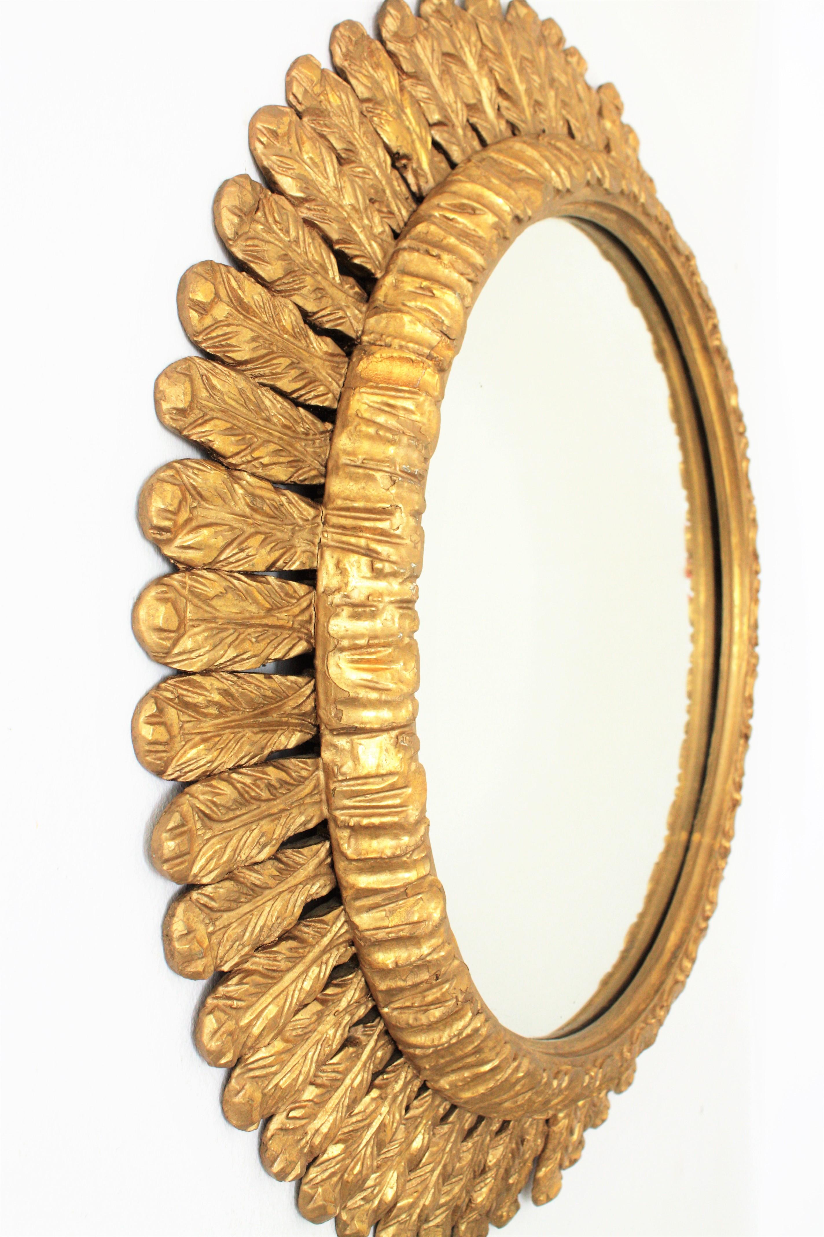 Large French Sunburst Mirror, Carved Giltwood Leafed Frame, 1950s 1
