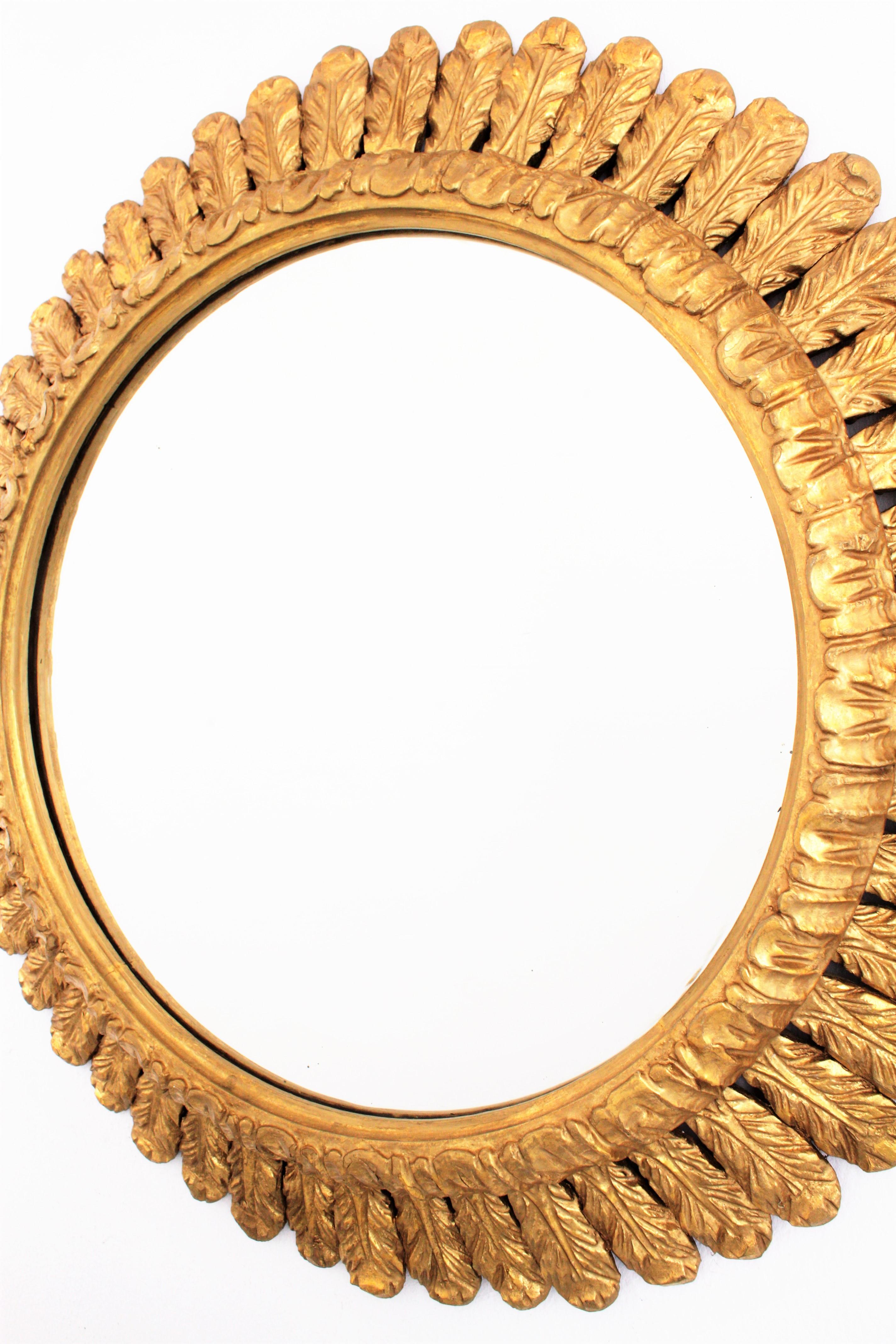 Large French Sunburst Mirror, Carved Giltwood Leafed Frame, 1950s 2