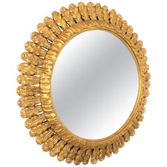 Large French Sunburst Mirror, Carved Giltwood Leafed Frame, 1950s