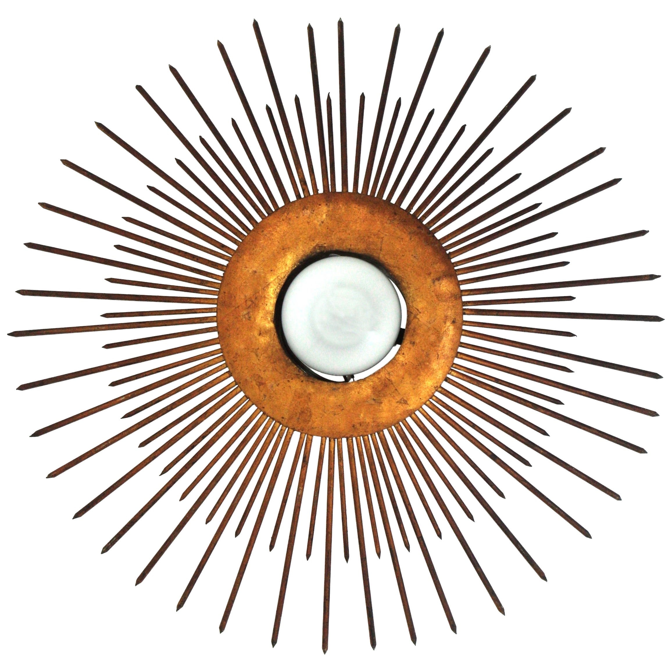 Large French Sunburst Nail Design Ceiling Light Fixture in Gilt Iron, 1940s For Sale