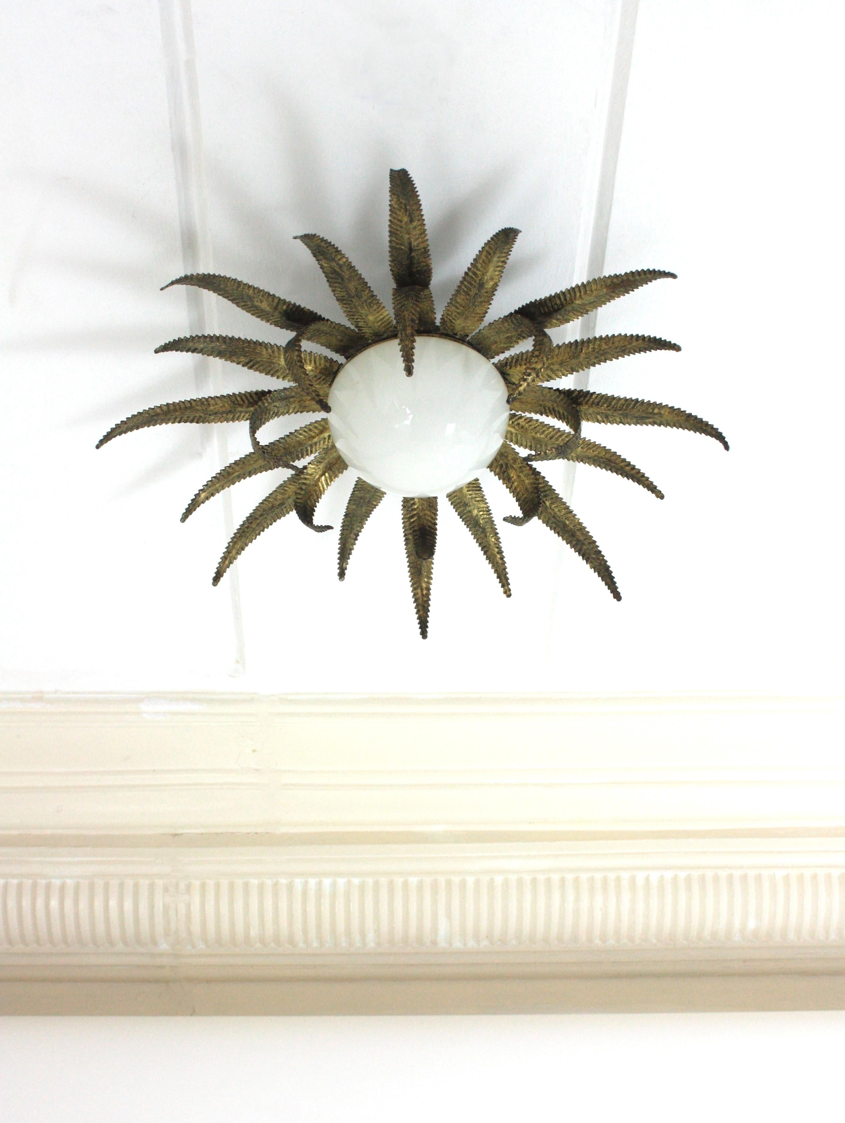 Large French Sunburst Starburst Light Fixture, Gilt Metal and Milk Glass For Sale 5