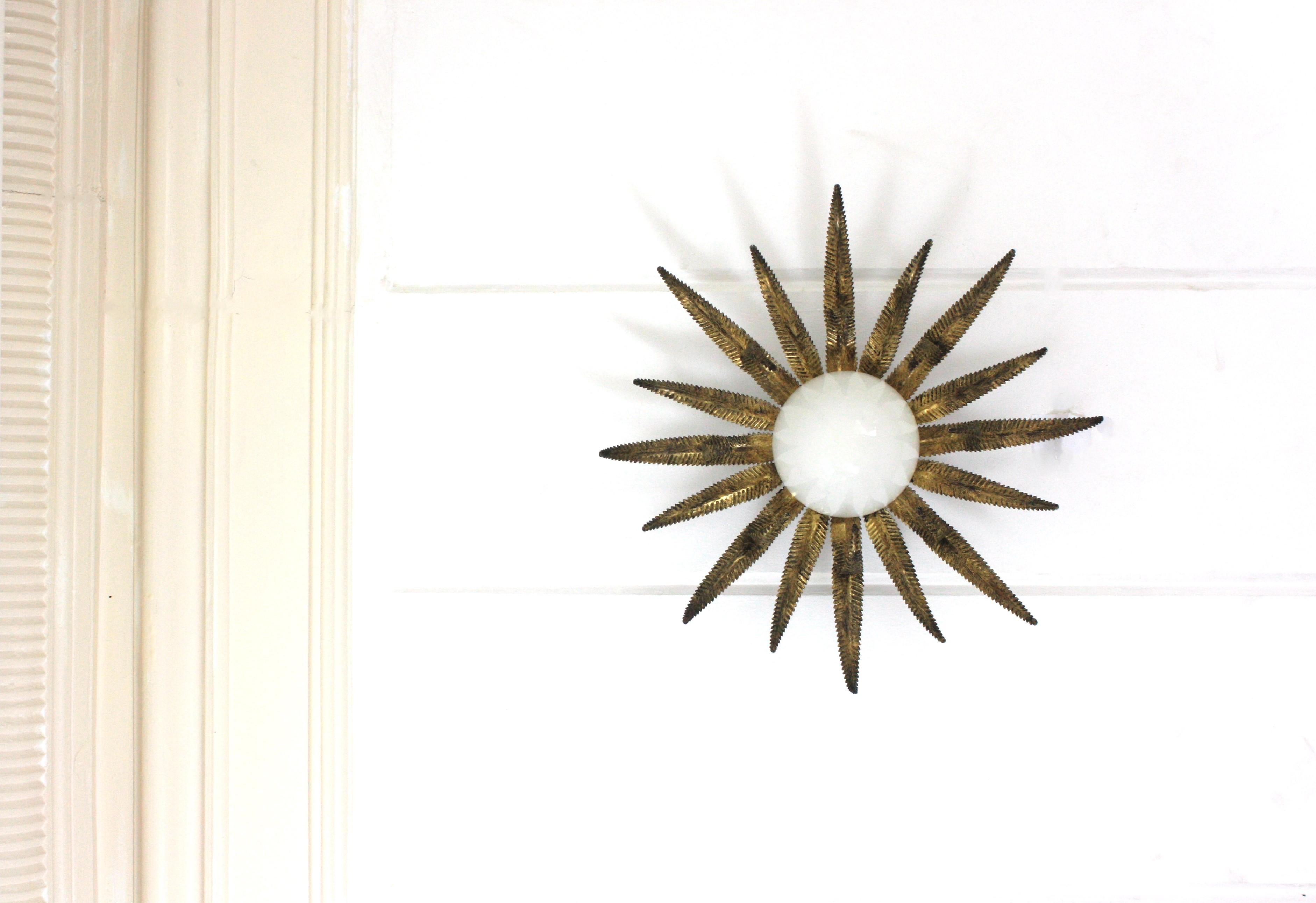 Large French Sunburst Starburst Light Fixture, Gilt Metal and Milk Glass For Sale 6