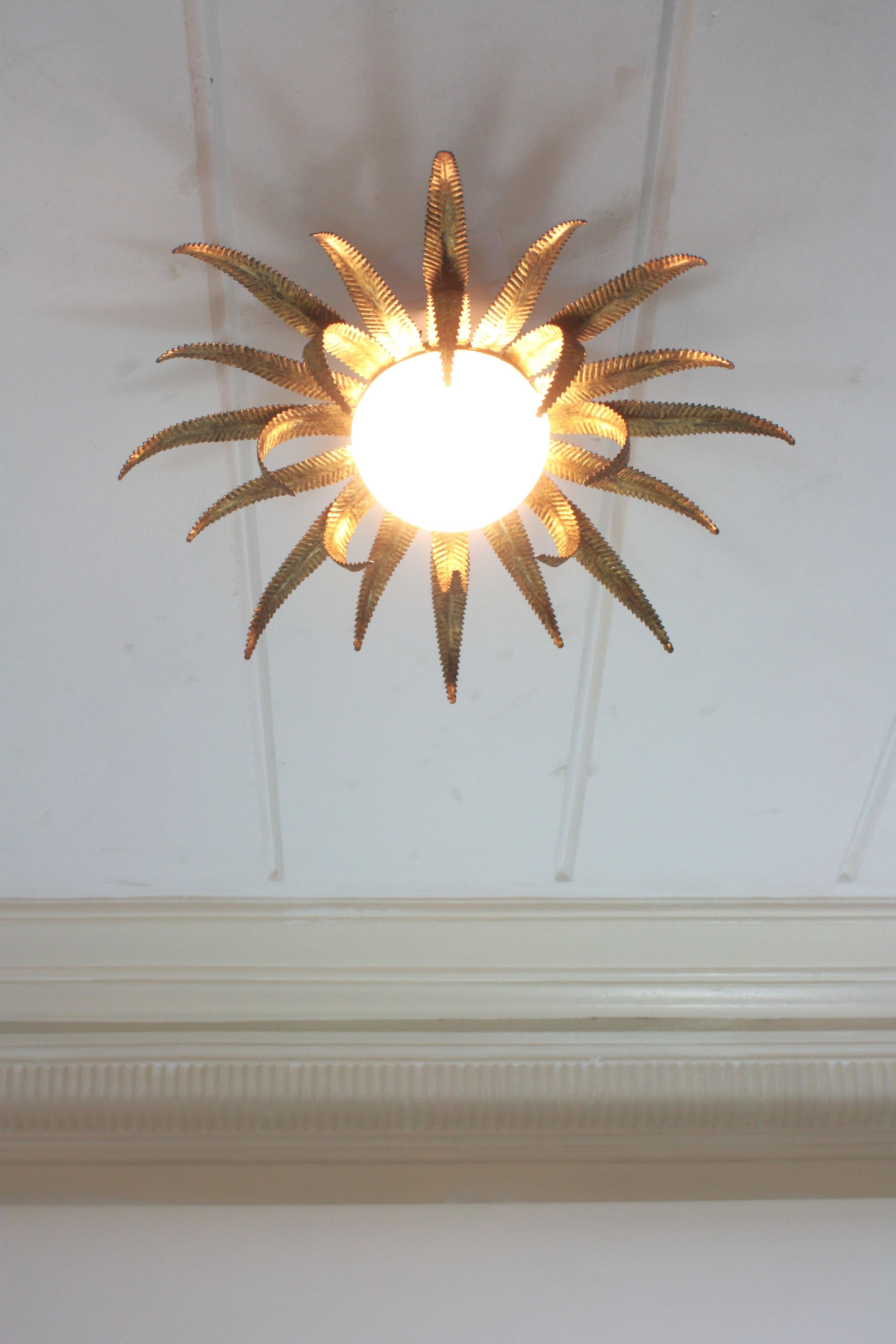 Large French Sunburst Starburst Light Fixture, Gilt Metal and Milk Glass For Sale 7